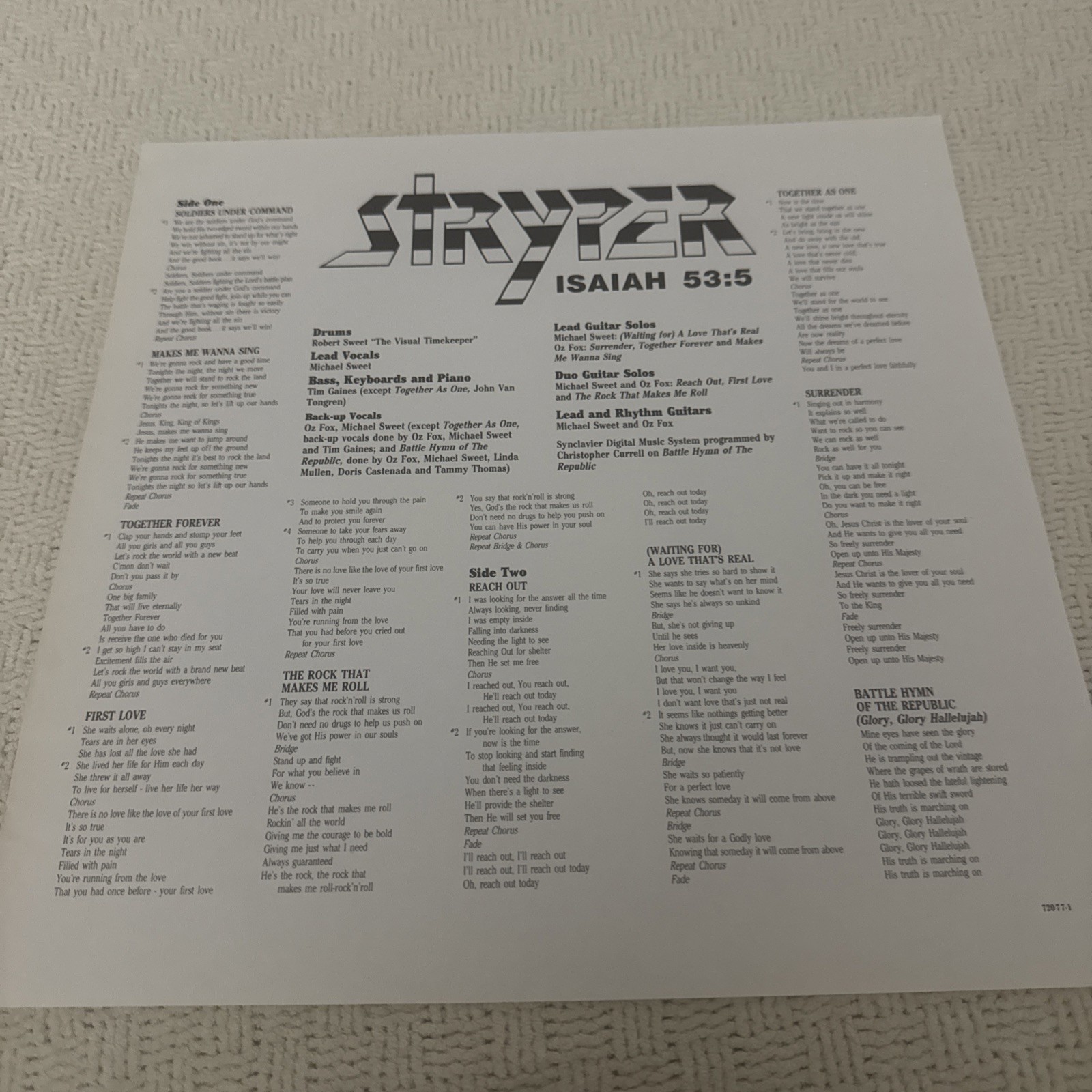 Stryper Soldiers Under Command LP Limited Edition White Vinyl 1985 1st Press