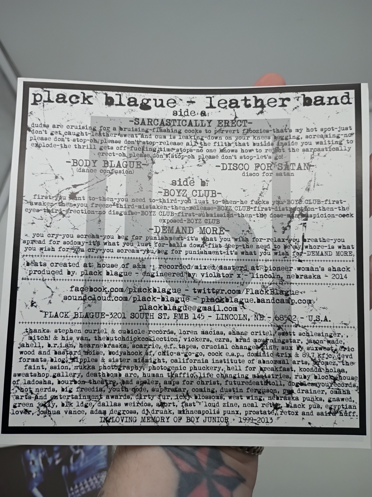Plack Blague Leather Band Vinyl Record EP 7″ EPM Industrial Music Gay Erotica SM