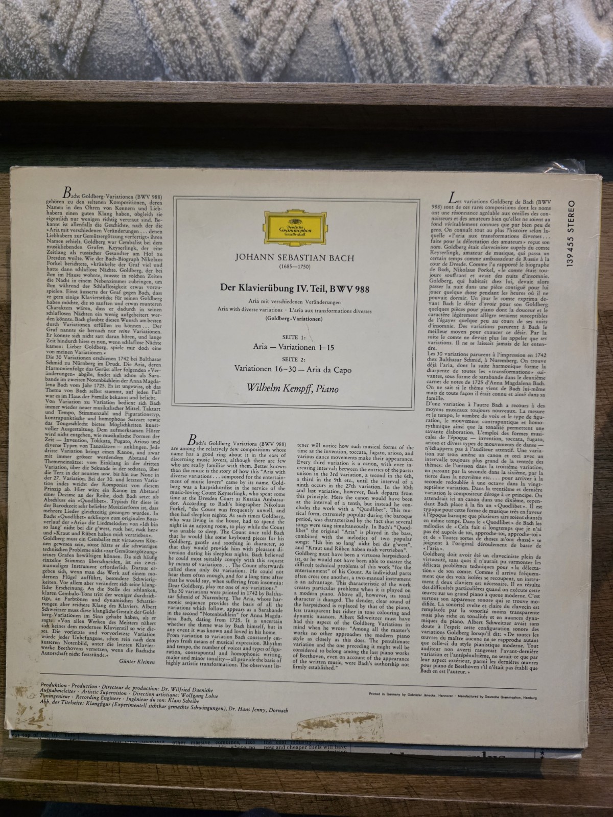 Deutsche Grammophon Bach Goldberg-Variationen BWV 988 Kempff Piano LP Stereo
