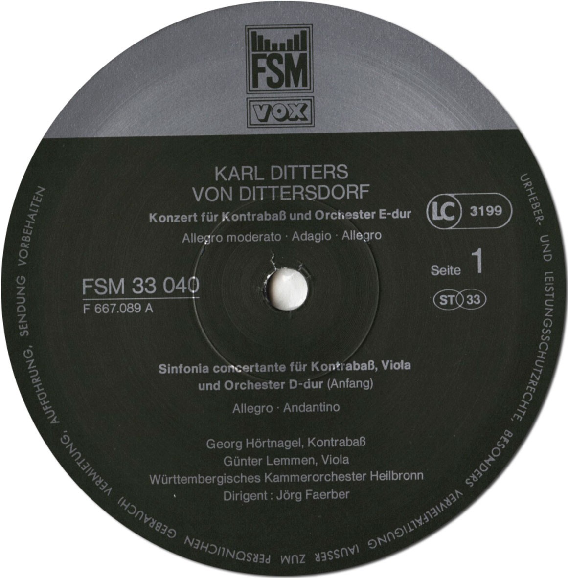 DITTERSDORF Double-Bass Concerto, Harp Concerto HORTNAGEL STORCK FAERBER FSM LP