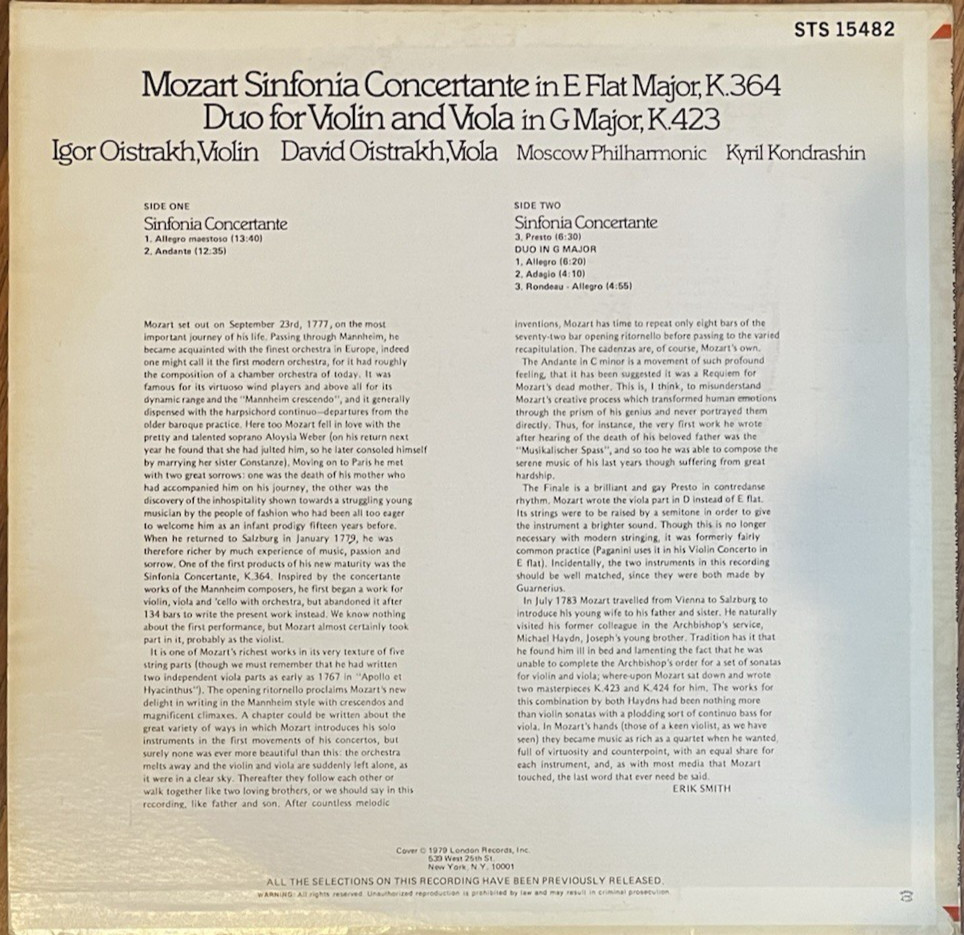 Mozart Sinfonia Concertante K364 / Duo for Violin & Viola K.423 1979 NM/NM+ LP