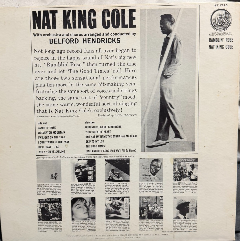 Nat King Cole – Ramblin’ Rose Vinyl LP 1962 Capitol ST 1793 G+/G+/G+