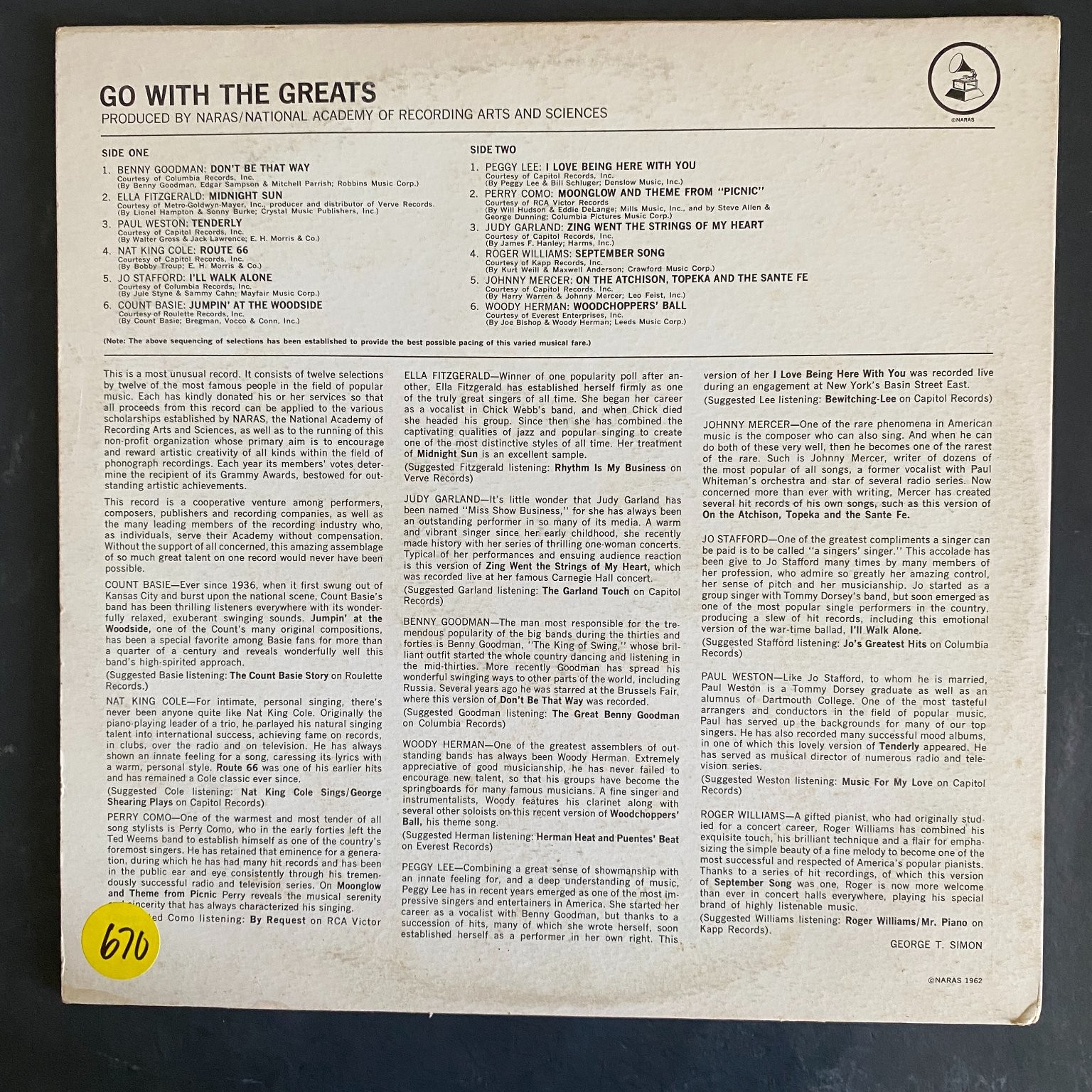 Go With The Greats Compilation LP Record 1962 NARAS Jazz Pop Vocal 33 RPM