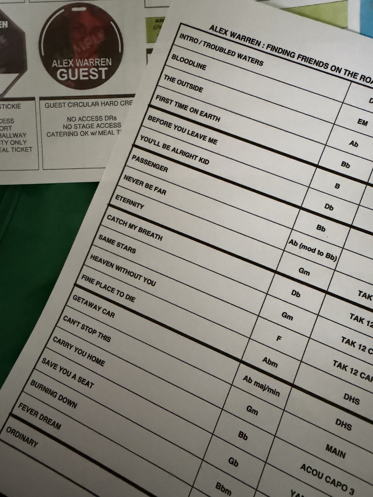 Alex Warren setlist timesheet crewsheet passsheet backstage access vest