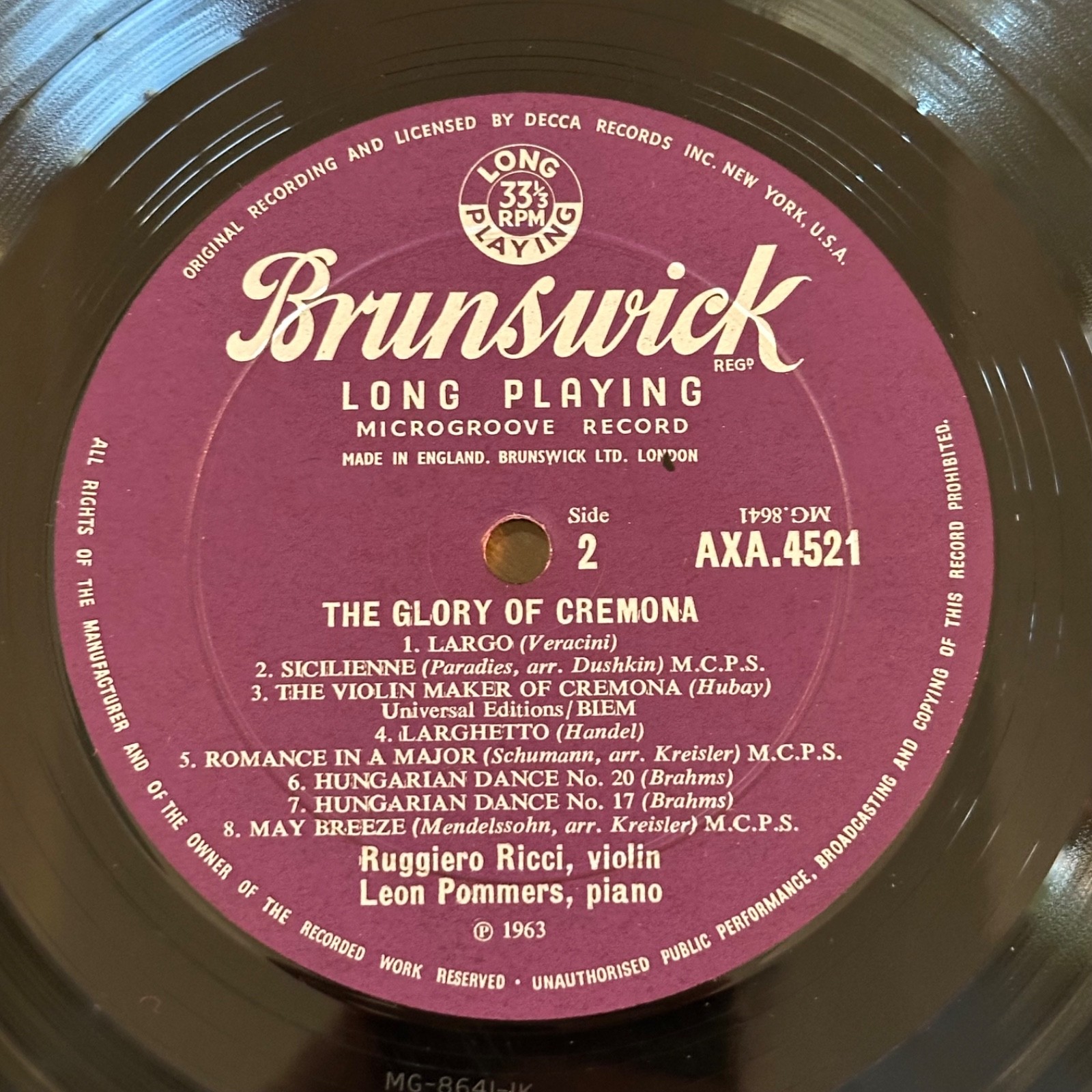 Ruggiero Ricci NM! ED1 DG UK Brunswick lp AXA 4521 Pommers Violin Piano