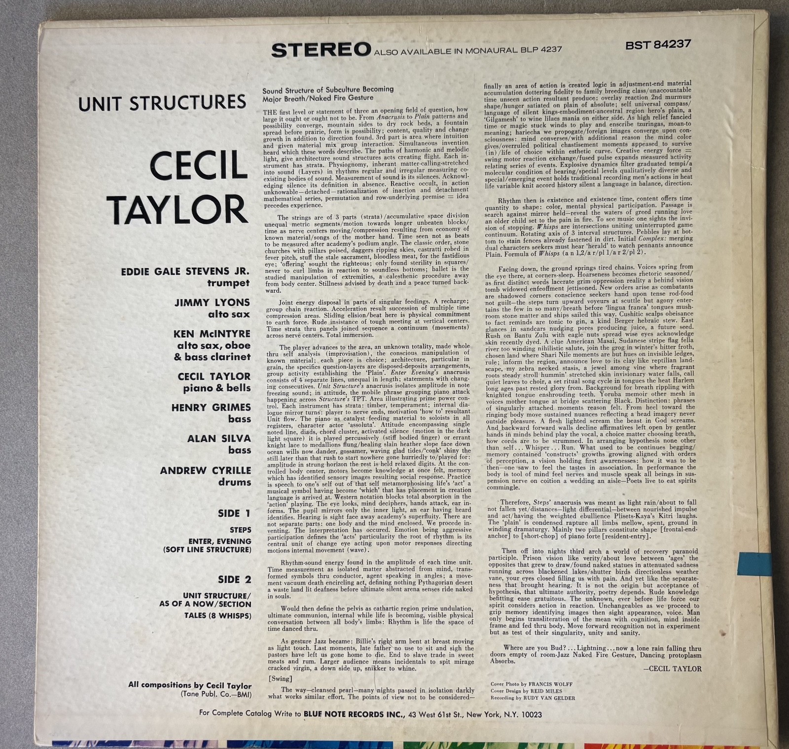 Cecil Taylor Unit Structures (Original Vinyl) BST 84237 Album Blue Note Records