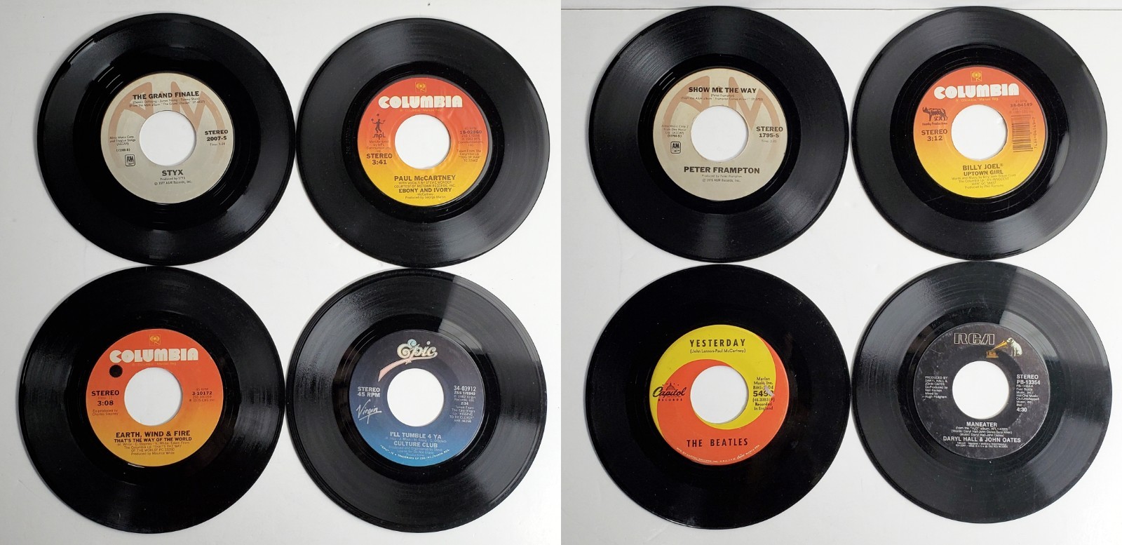 Mixed 45 Lot (8) Beatles Frampton Billy Joel Hall & Oates McCartney EWF Styx