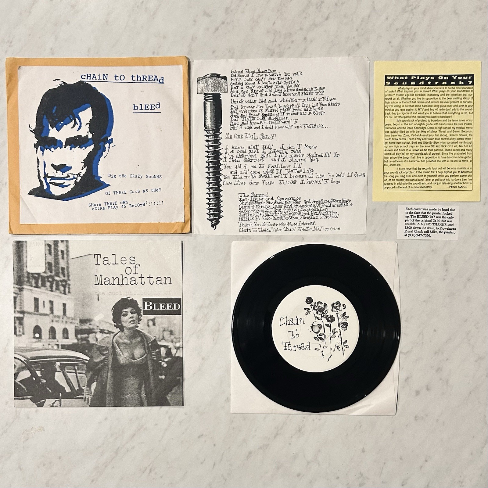 Chain To Thread / Bleed 7″ 1994 Hardcore Emo Downcast Policy Of 3 VG+ W Inserts