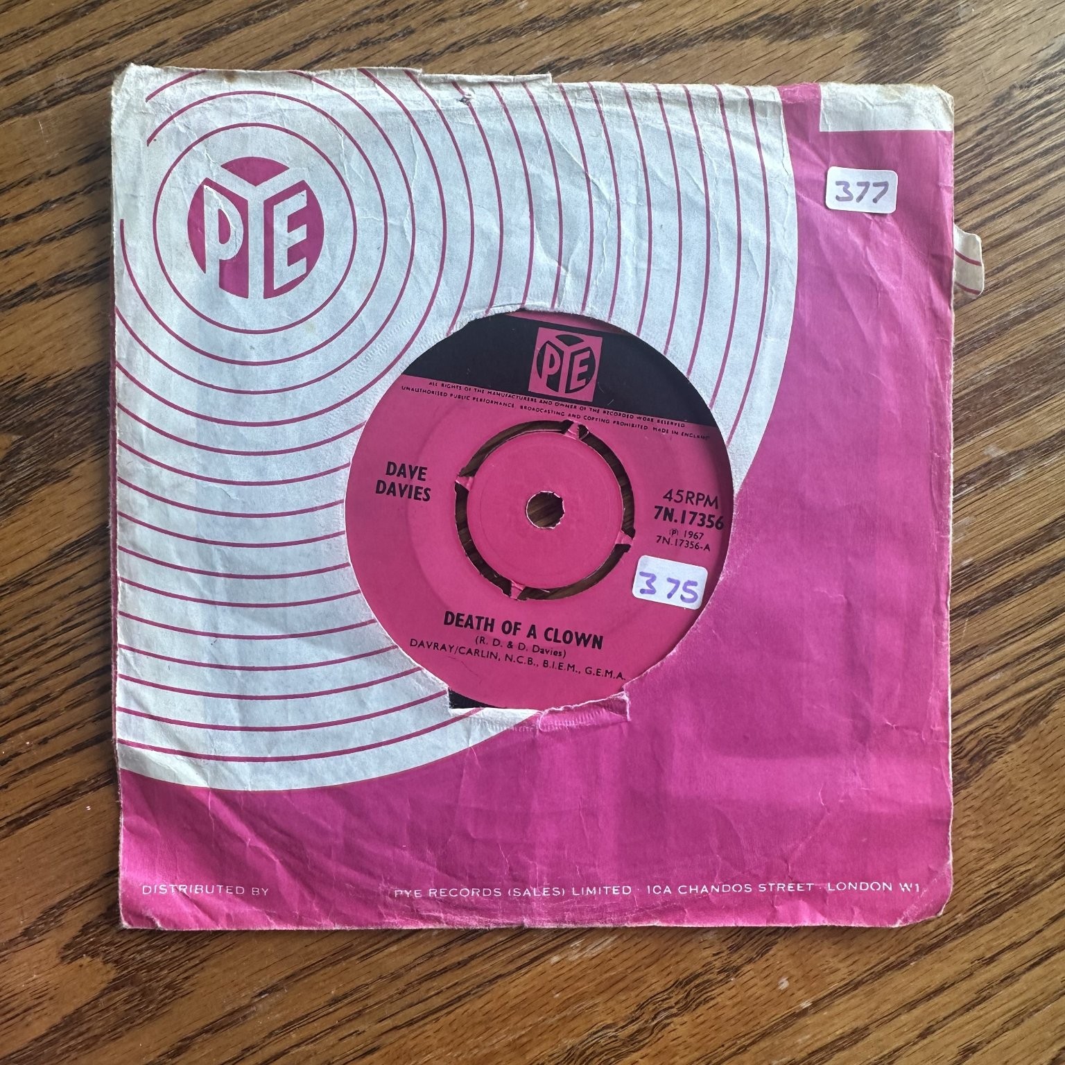 Dave Davies – Death of a Clown 7″ Single 1967 PYE Records Pop Rock UK IMP