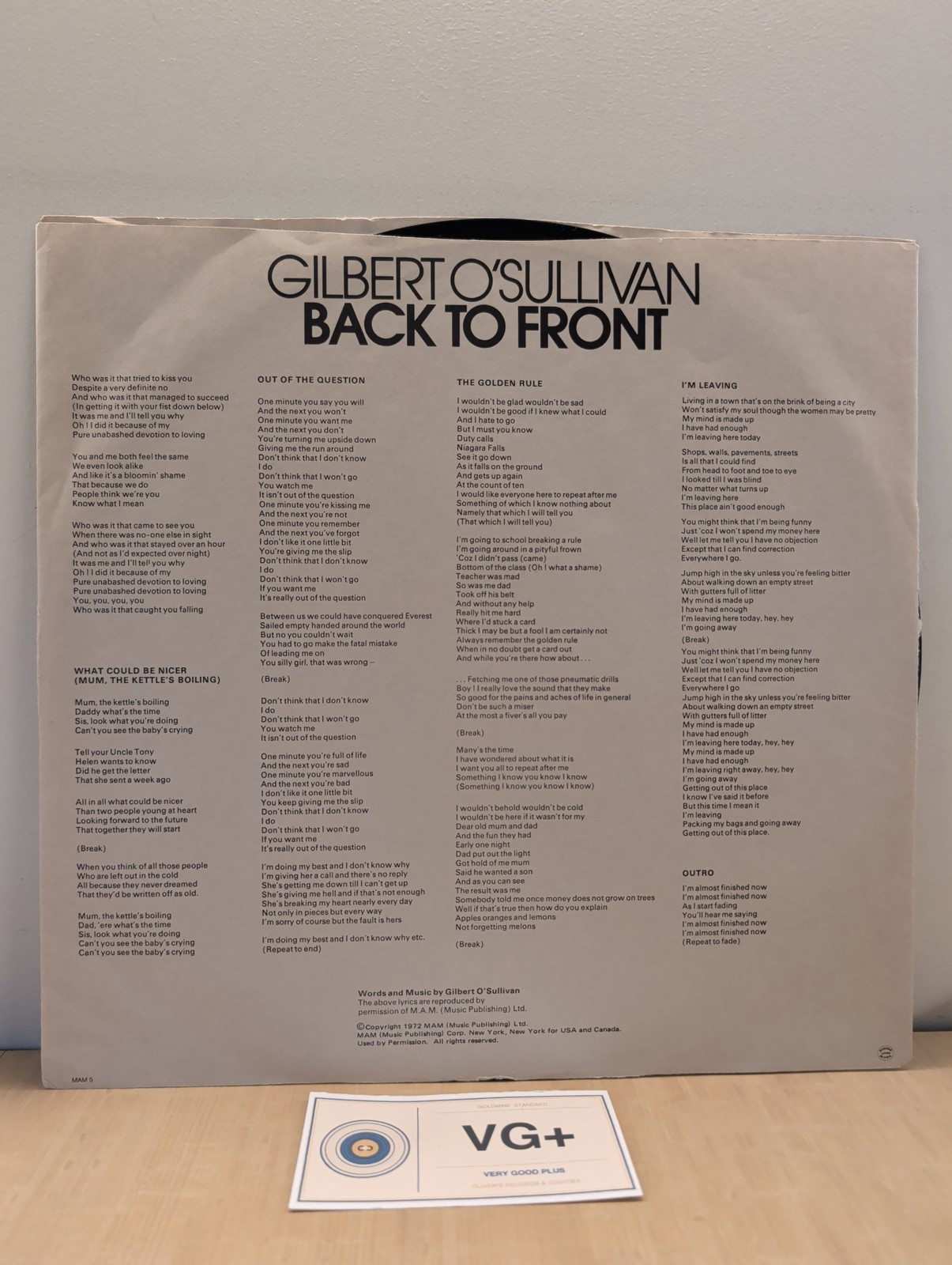 Gilbert O’Sullivan | Back To Front | Vinyl LP 1972 MAM MAM-5 | VG+/VG+