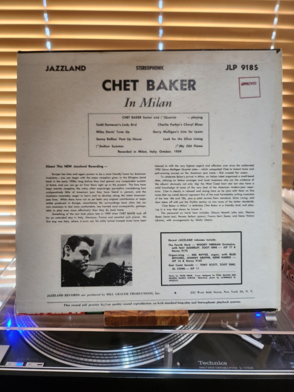 Chet Baker In Milan, 1962 Jazzland Stereo, JLP-9185, VG+/VG+
