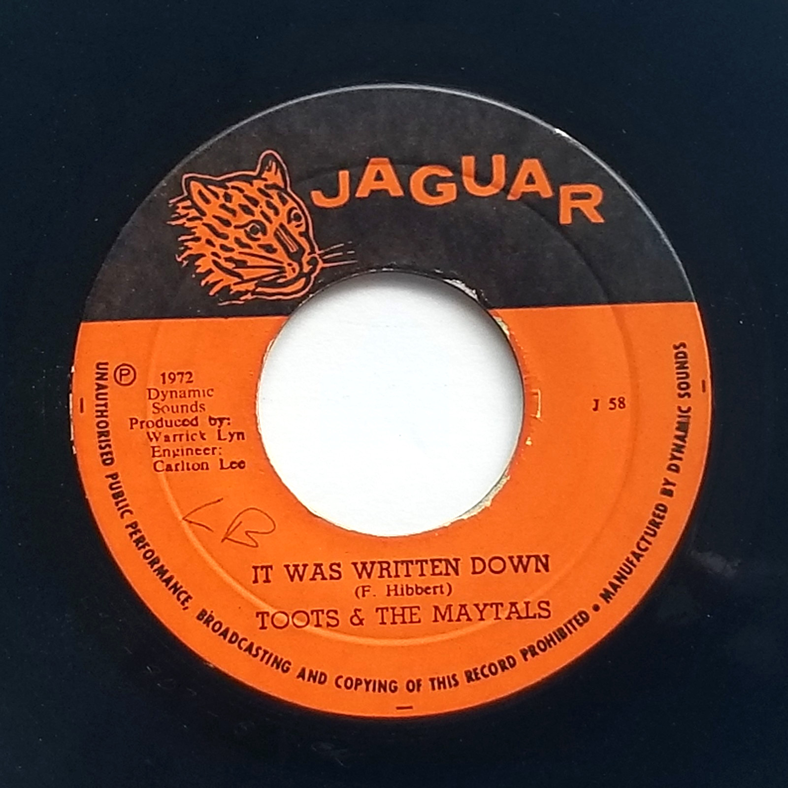 TOOTS & THE MAYTALS /IT WAS WRITTEN DOWN/DADDY REGGAE VINYL RECORD 7″ 1972 VG+