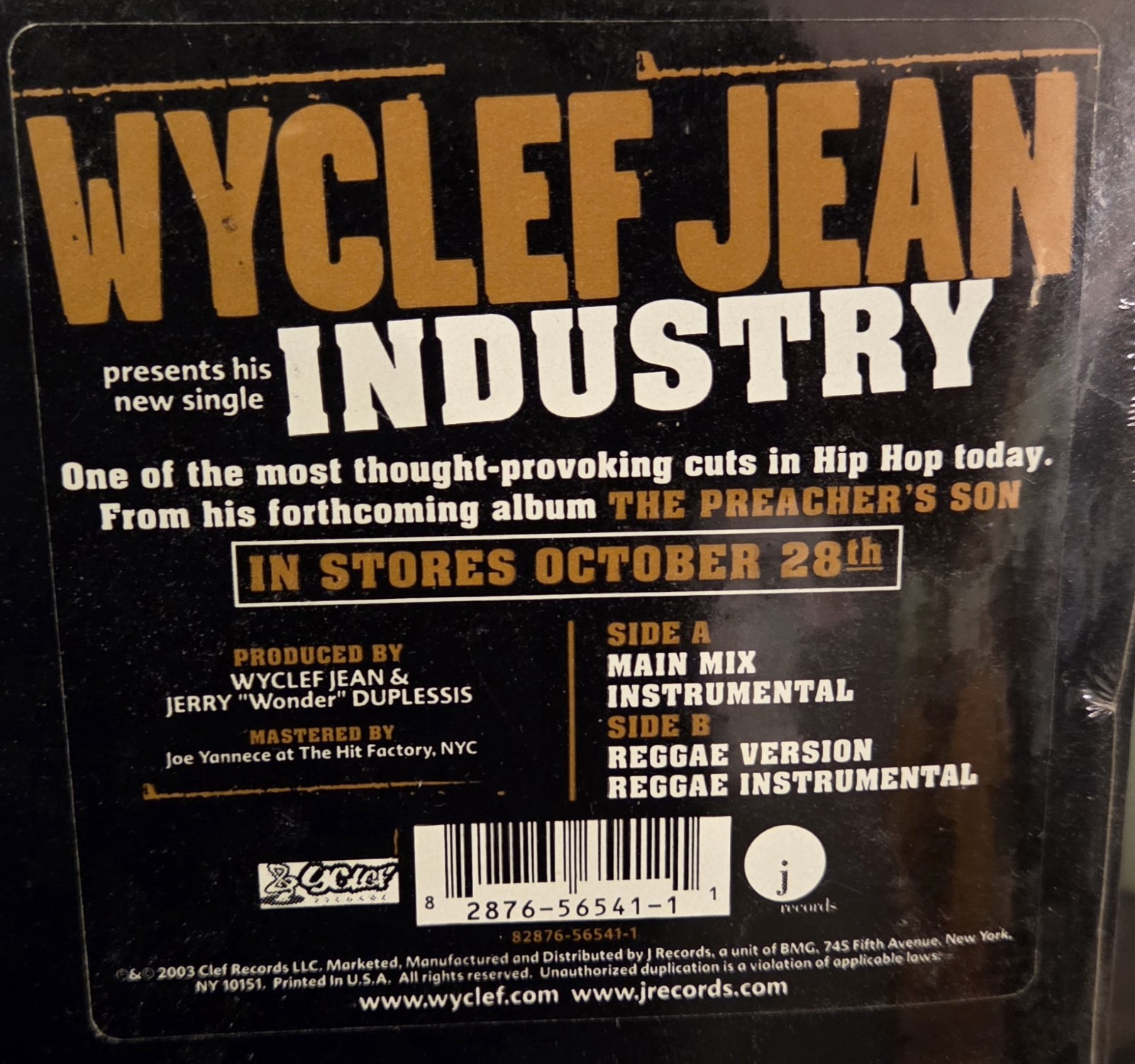Wyclef Jean Industry Single 12” J Records Sealed Old Stock 2003 Hip Hop Fugees