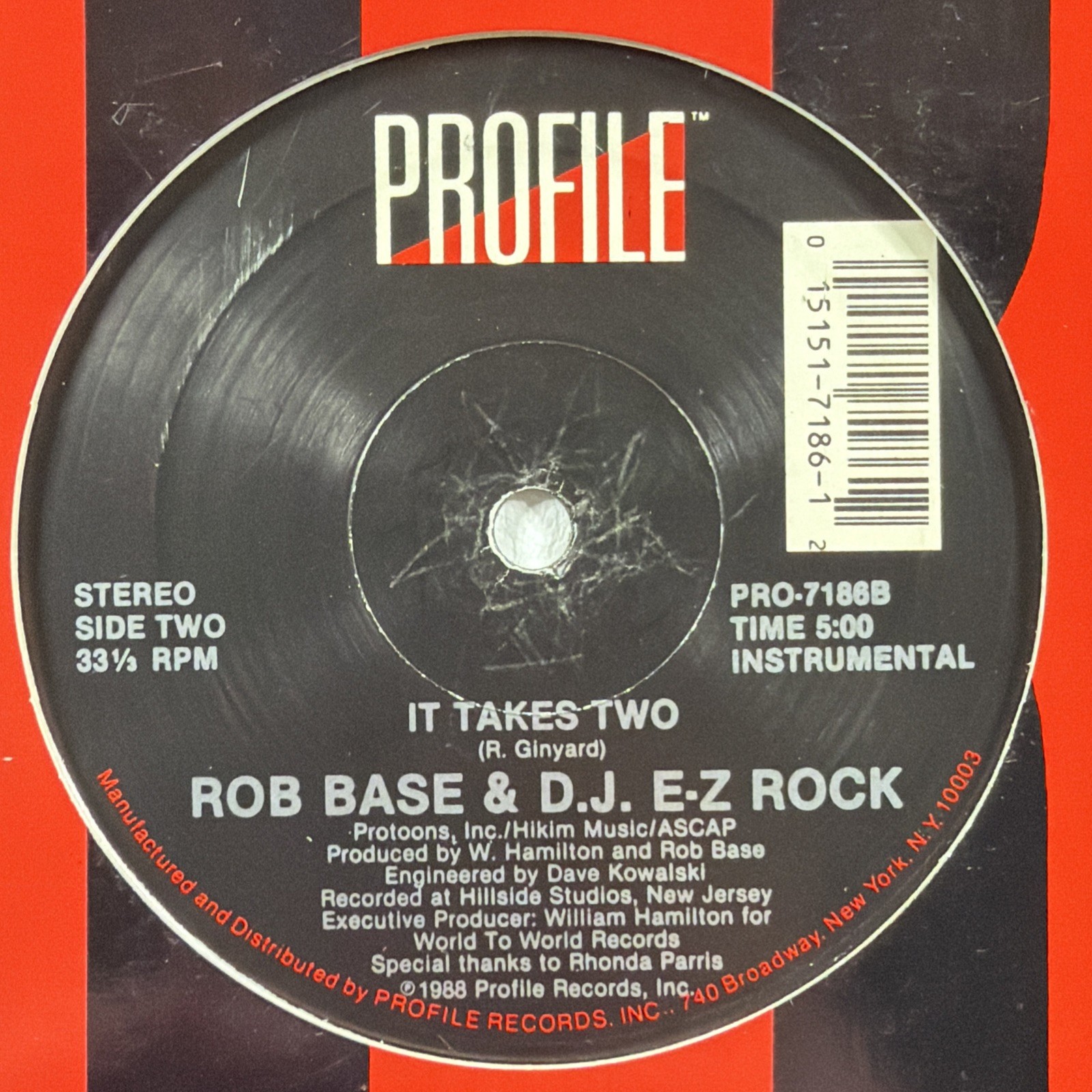 Rob Base & D.J. E-Z Rock – It Takes Two 12” Single Profile PRO-7186 VG+ 1988 Rap