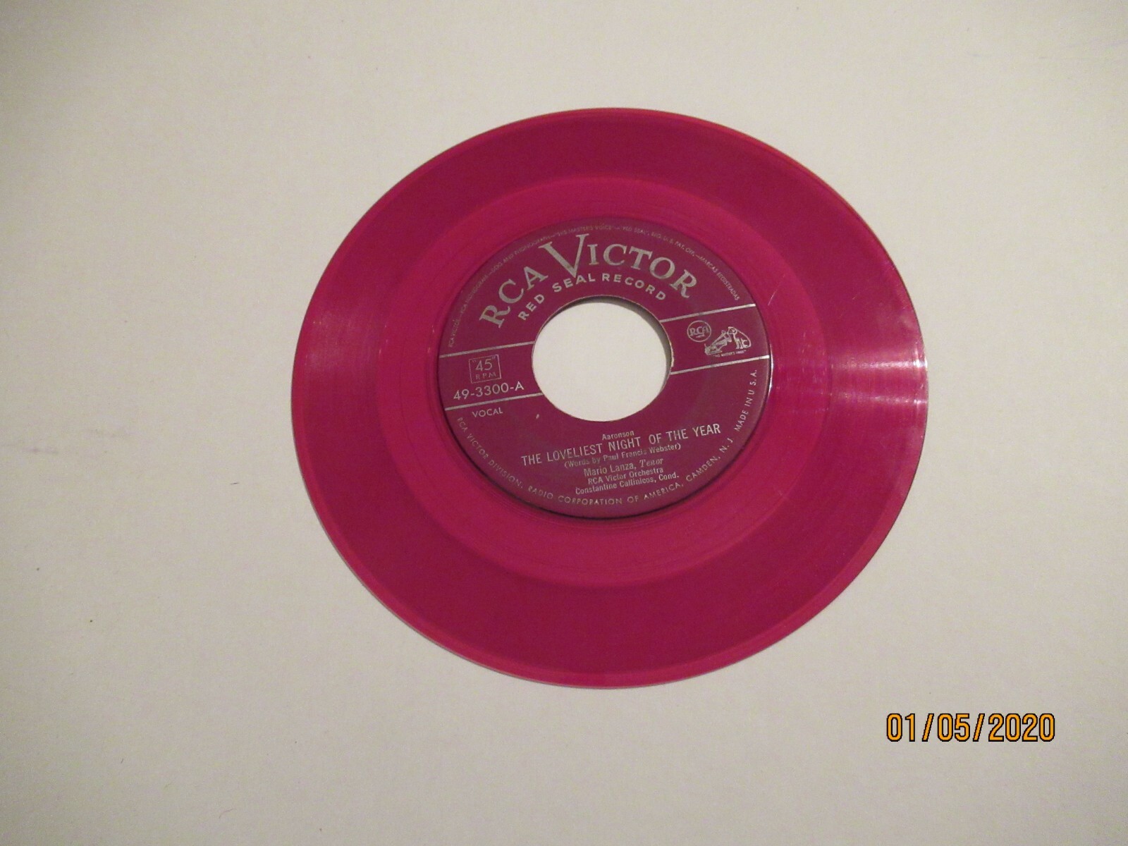 Mario Lanza: The Loveliest Night Of The Year / 45 Rpm Red Vinyl / 1951