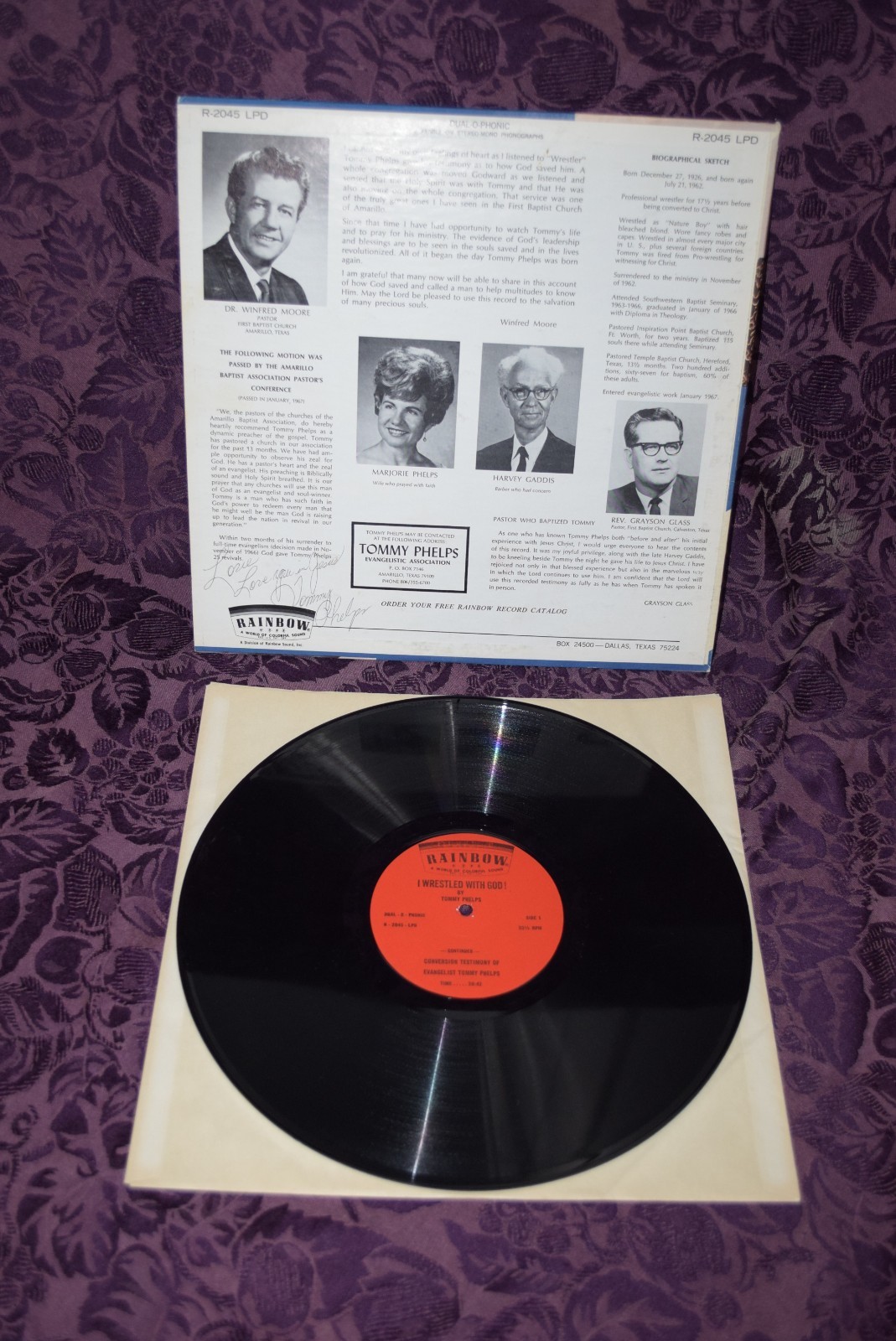 TOMMY PHELPS I Wrestled With God RAINBOW Xian Spoken Word SIGNED VG+/VG+