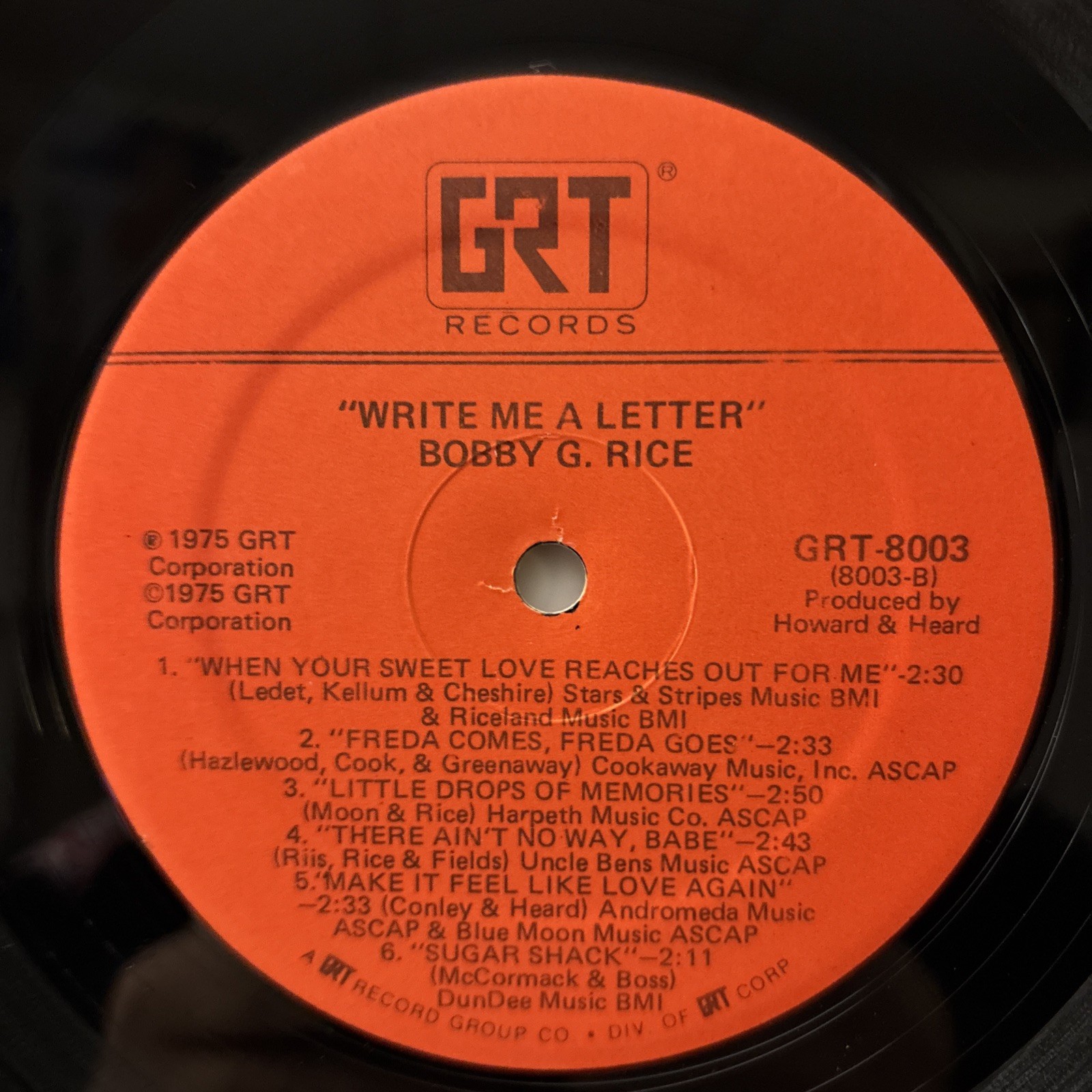 Bobby G. Rice – Write Me A Letter – 1975 Vinyl LP – EX/VG