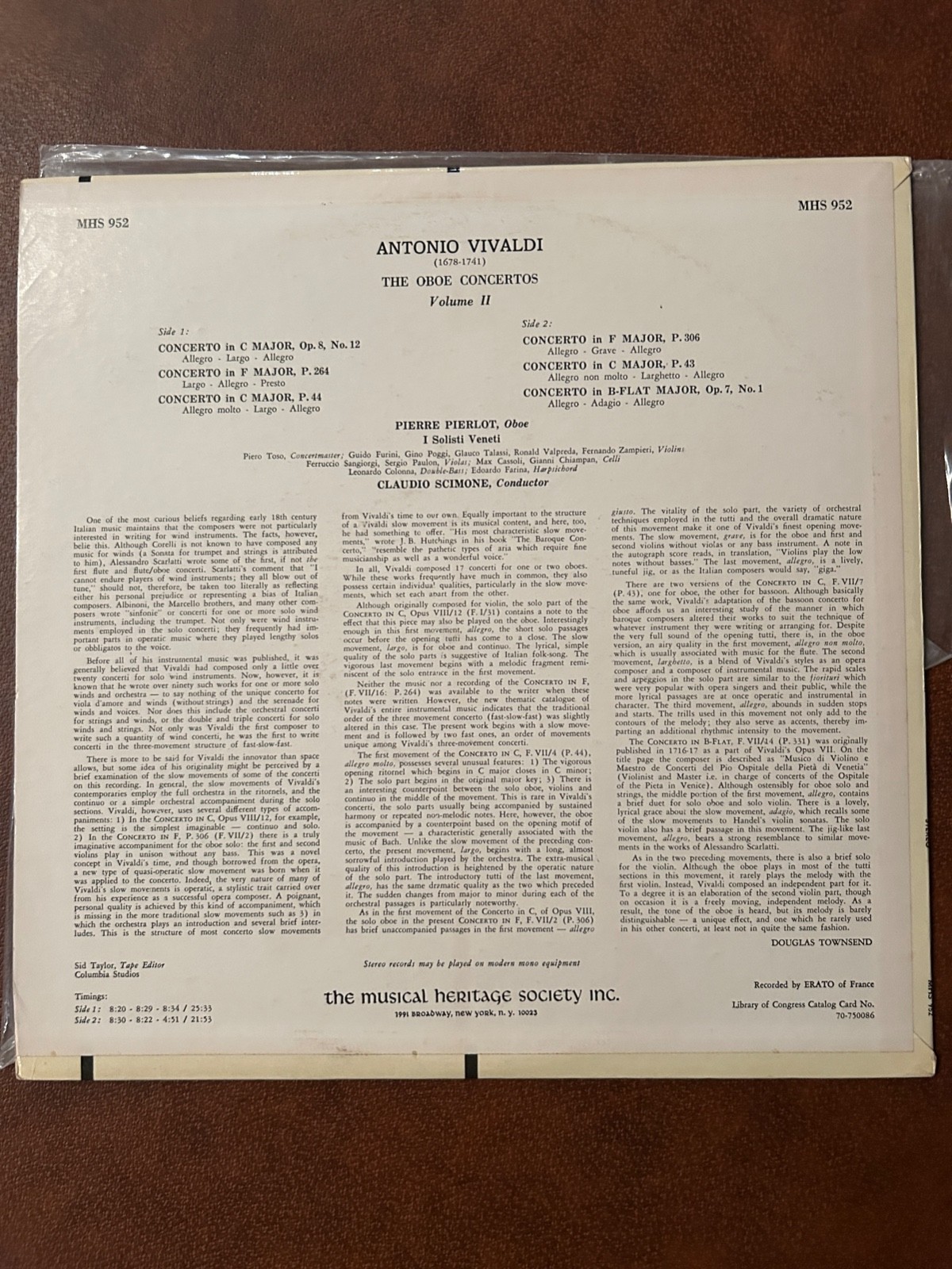 Vivaldi- The Oboe Concertos — Volume II Pierre Pierlot NM MHS-952 Vinyl 12”