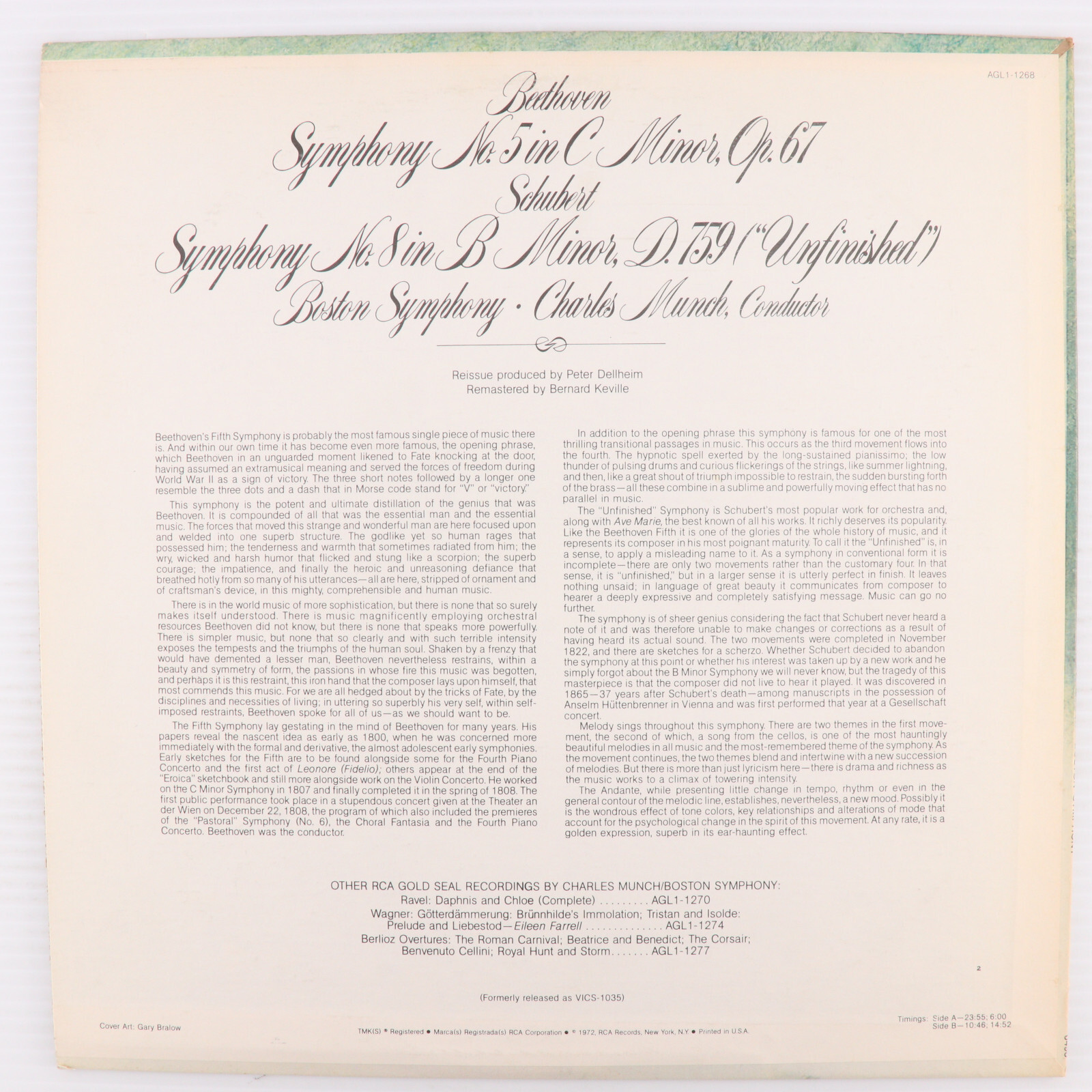 Beethoven, Schubert, Munchl – Symphony No. 5, 8 – 197 Stereo LP Record AGL1-1268