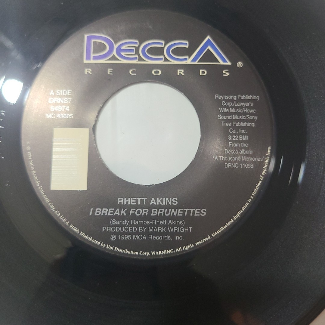 Rhett Akins ~ I Brake For Brunettes/ Same ~ Decca 45 RPM Record W/ Title Strip