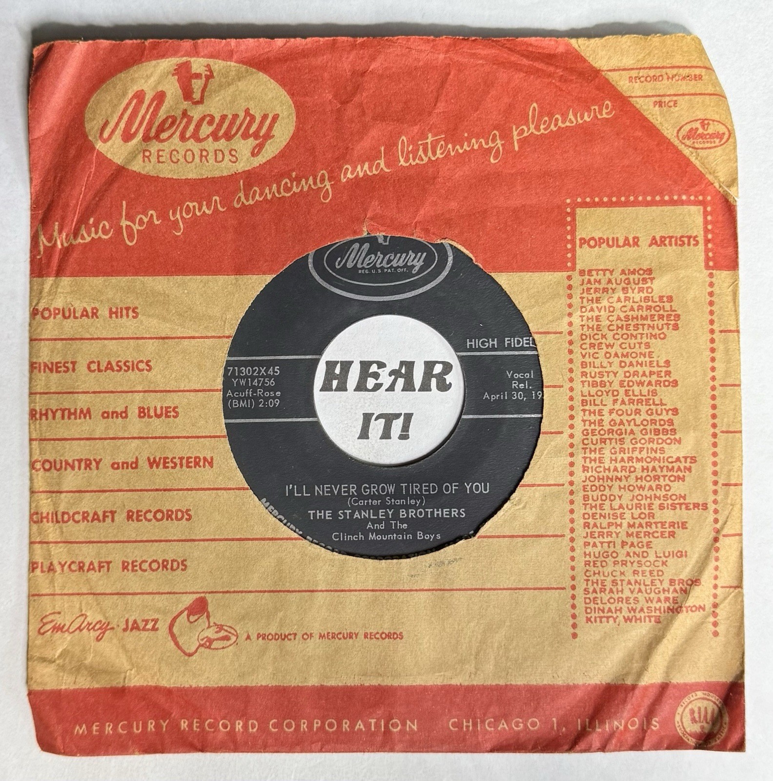 50s Bluegrass 45 THE STANLEY BROTHERS I’ll Never Grow Tired / No School MERCURY