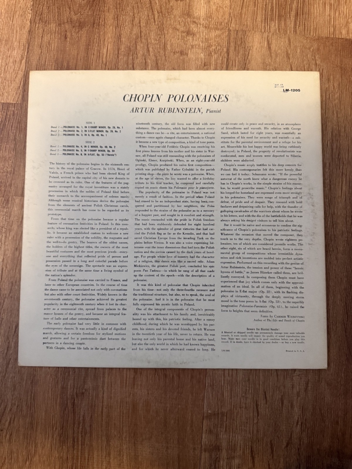 Chopin Polonaises Nos 1-6 Artur Rubinstein RCA Victor LP Mono LM-1205