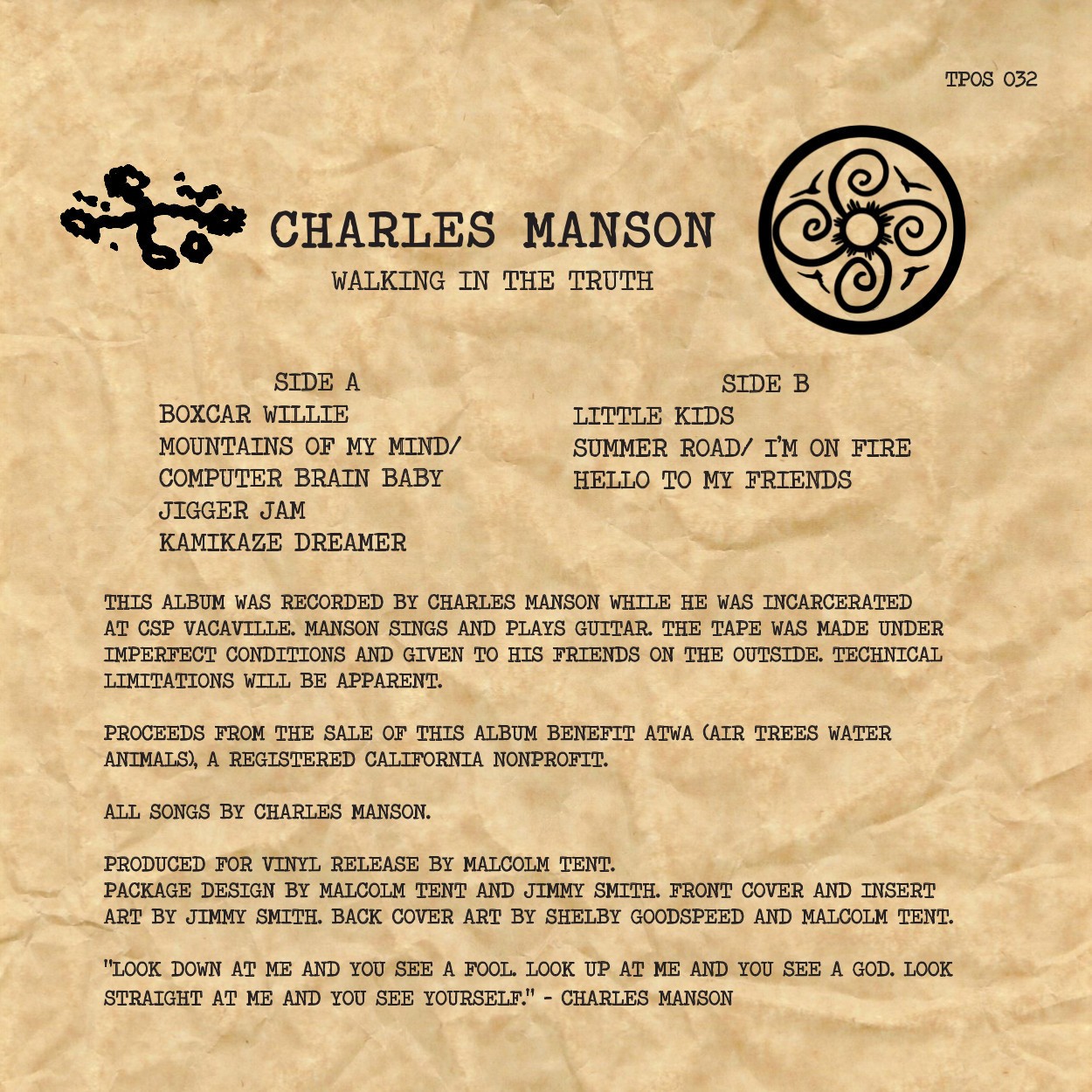 Charles Manson vinyl LP record music prison recordings 1985 ATWA ecology TPOS