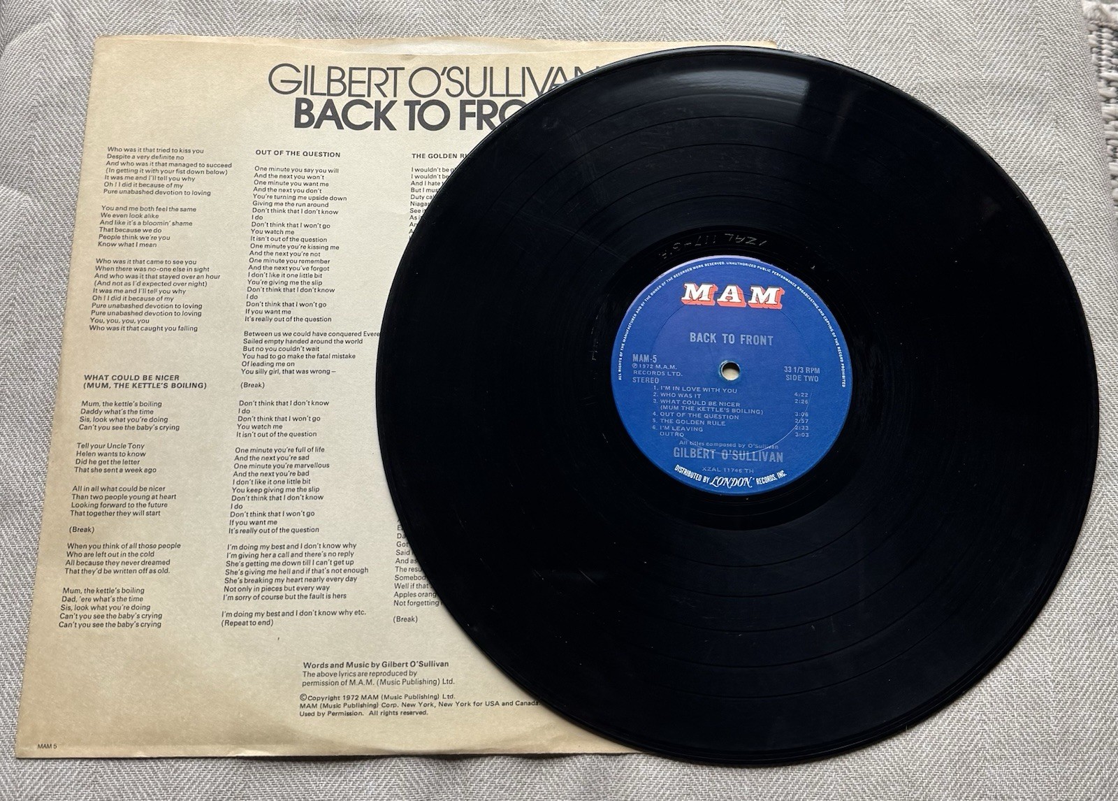 GILBERT O’SULLIVAN – BACK TO FRONT – M.A.M. RECORD MAM-5