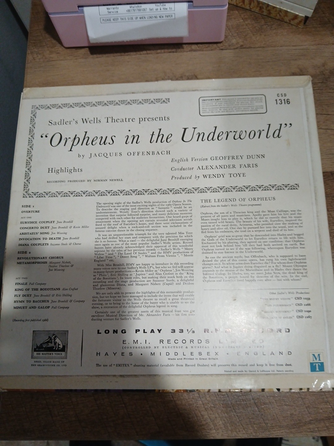 Orpheus In The Underworld – Sadler’s Wells Theatre – Music Vinyl Record