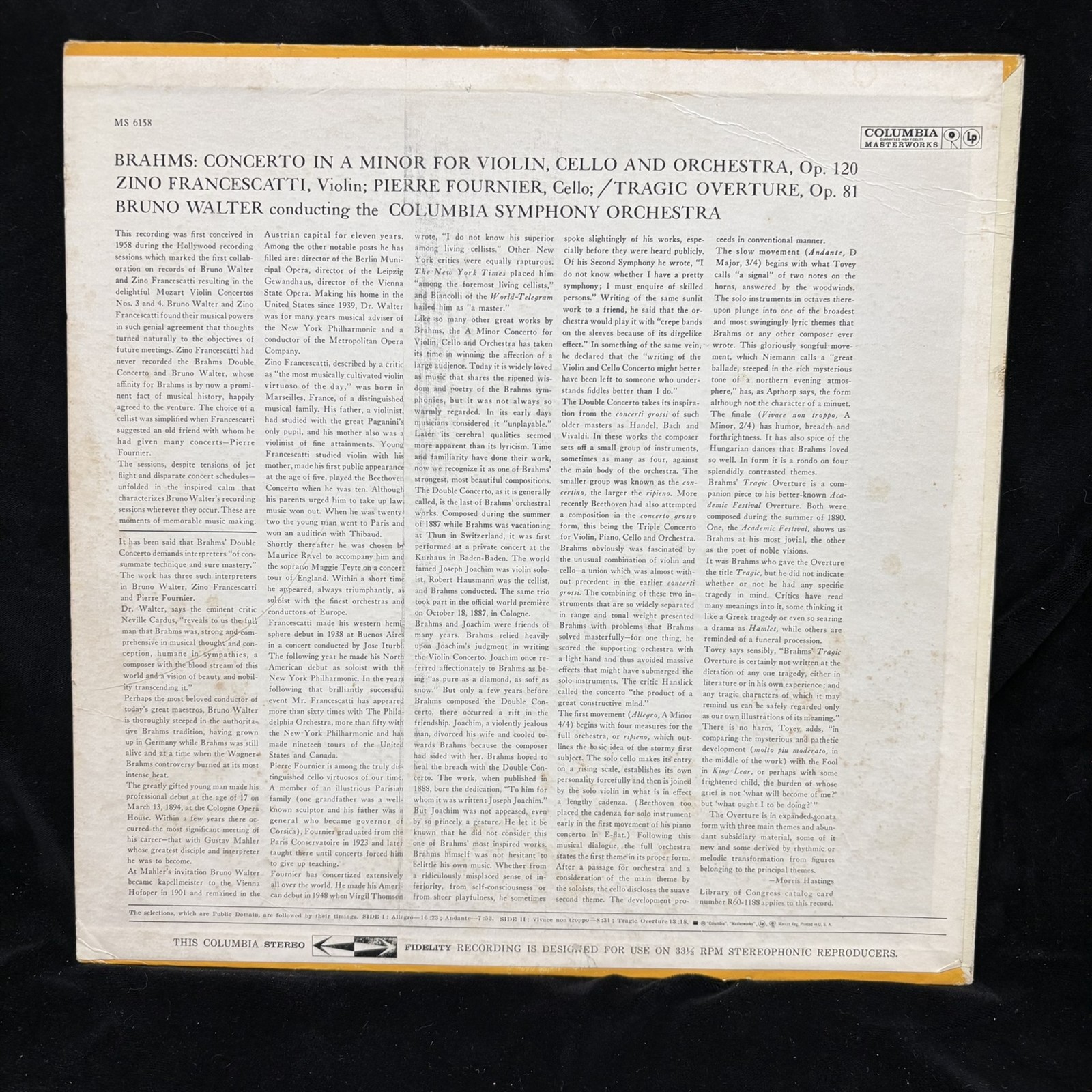 FRANCESCATTI violin & PIERRE FOURNIER cello – BRAHMS Double, COLUMBIA 6EYE ST LP