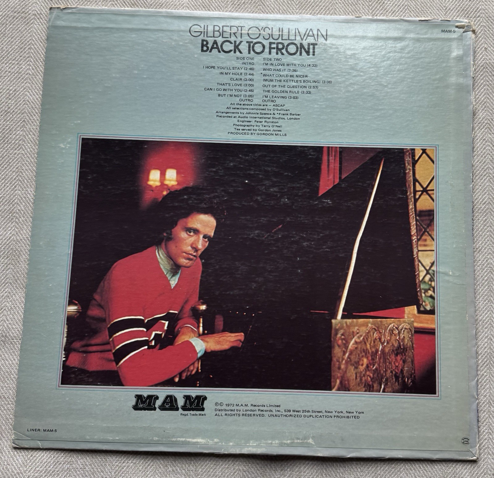 GILBERT O’SULLIVAN – BACK TO FRONT – M.A.M. RECORD MAM-5