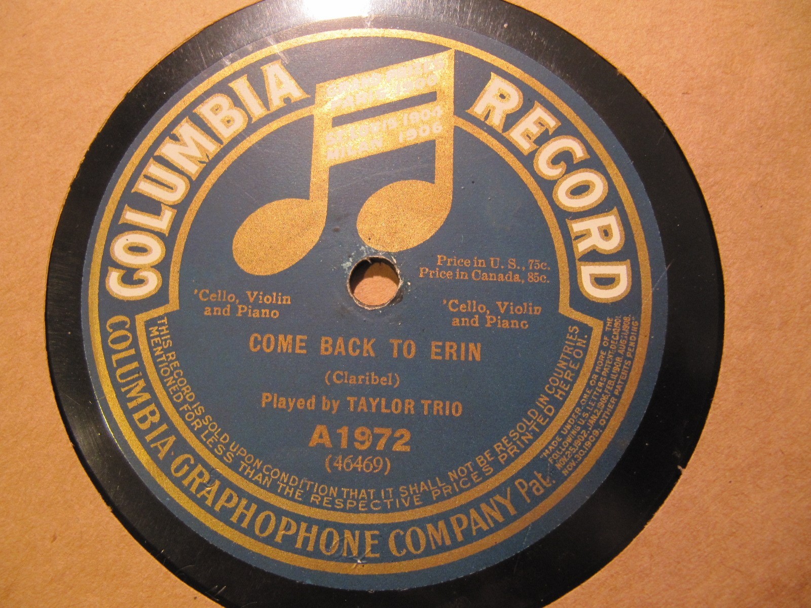 1916 Albert TAYLOR TRIO William Berge CELLO Alexander Hackel COLUMBIA A1972