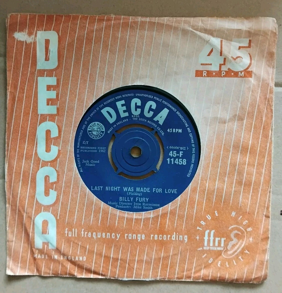Billy Fury – Last Night Was Made For Love. 7″ single. (1962)