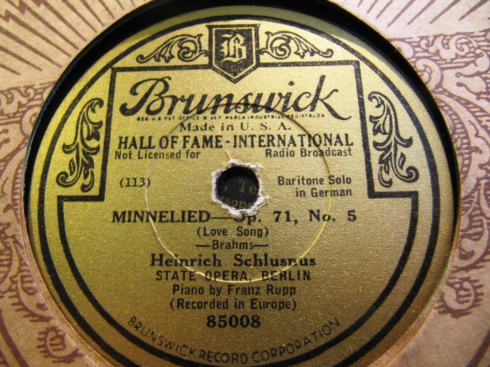 1931 HEINRICH SCHLUSNUS Baritone BRAHMS Minnelied/ Standchen Franz Rupp Piano
