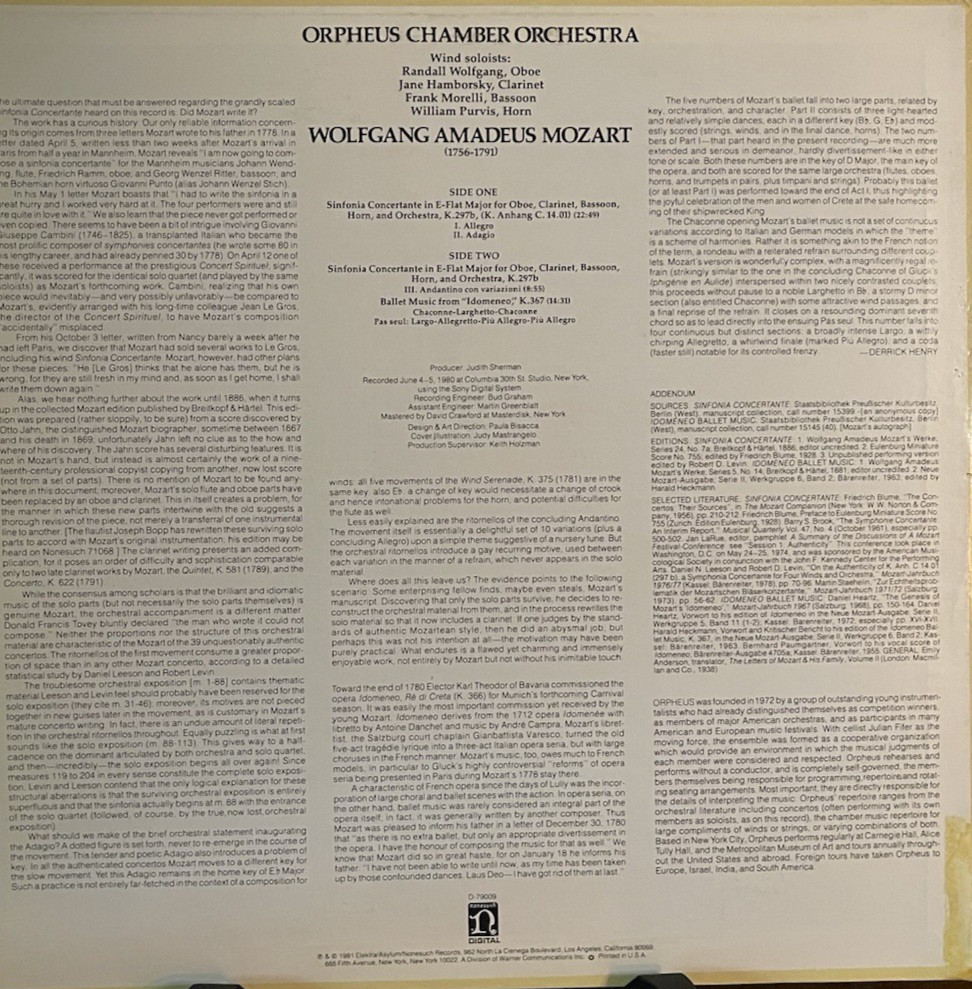 Mozart Oprheus Chamber Orchestra K.297b / K.367 Idomeneo NM/NM+ Classical LP