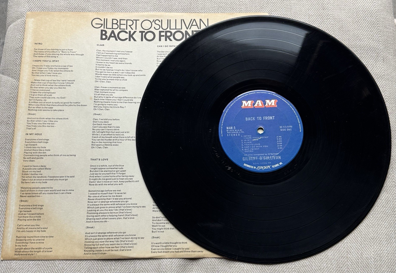 GILBERT O’SULLIVAN – BACK TO FRONT – M.A.M. RECORD MAM-5