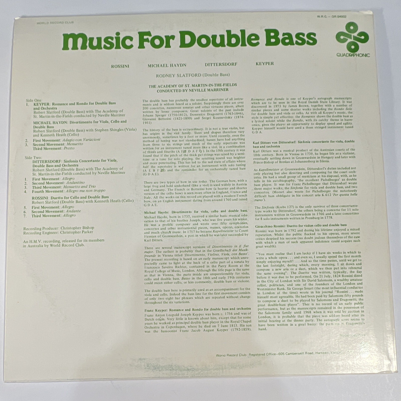World Record Club – Music For Double Bass 12″ Vinyl LP 1976 Quad R-05002