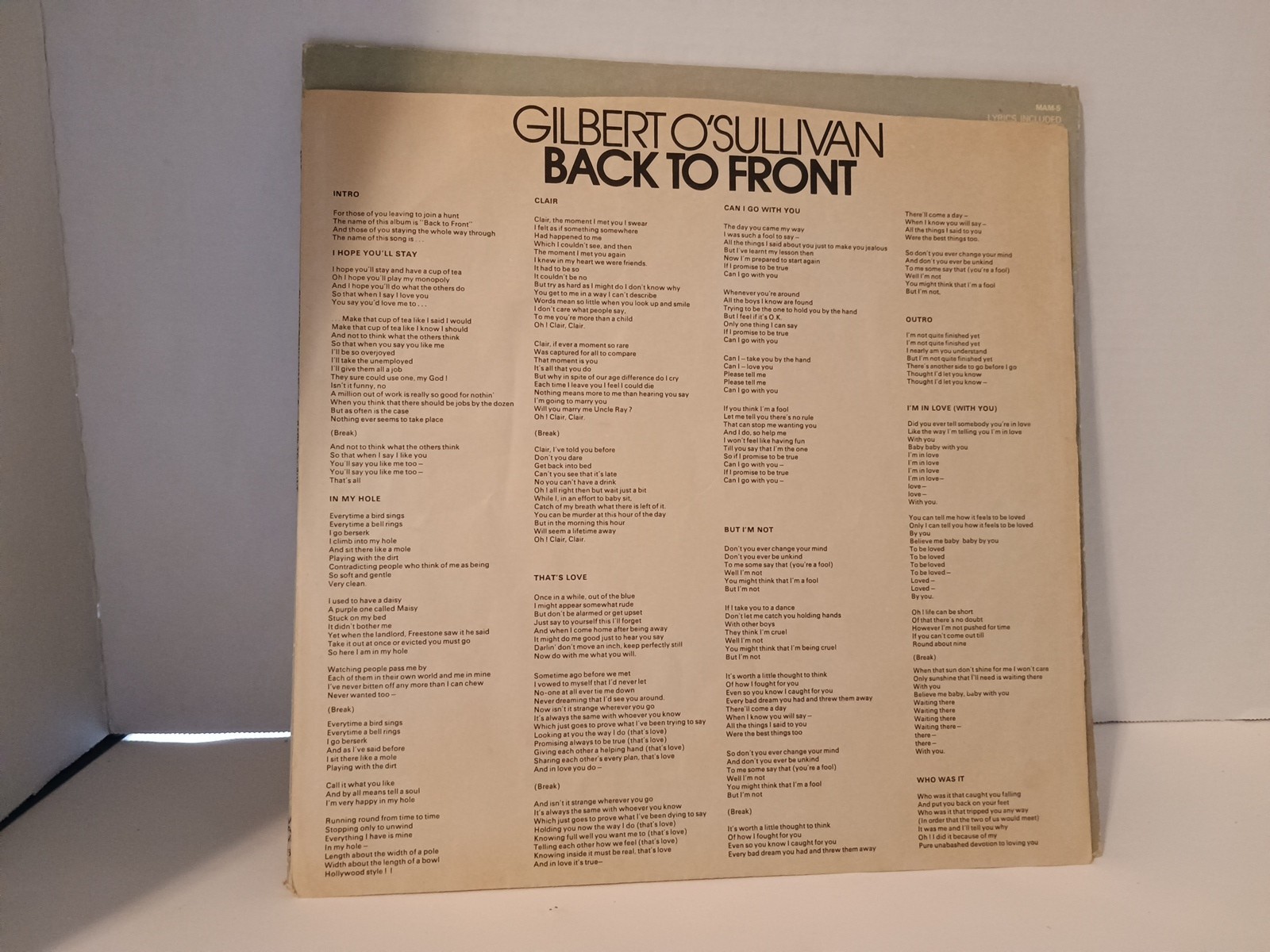Gilbert O’Sullivan Back To Front Record 33 RPM Vinyl LP MAM withLyrics