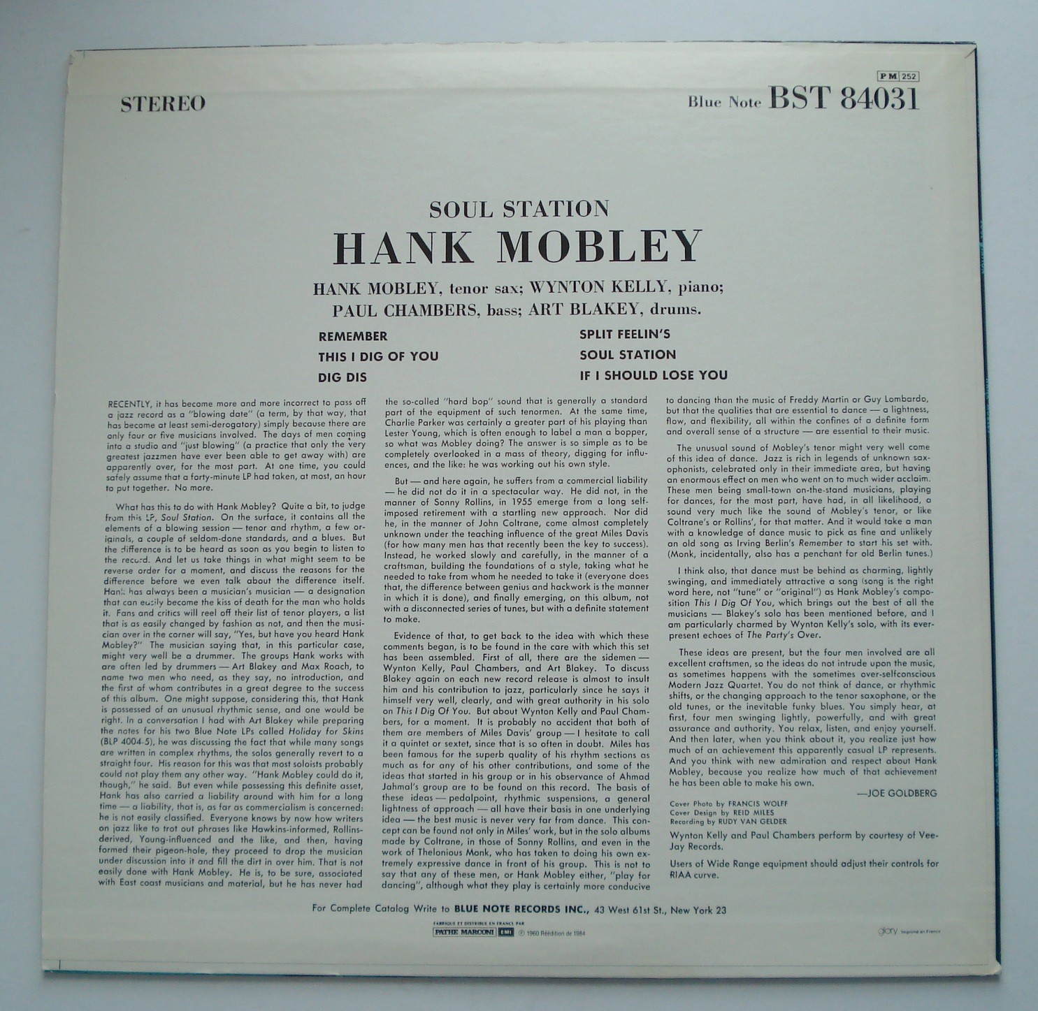 HANK MOBLEY Soul Station VG++ BLUE NOTE 1984 jazz vinyl album LP France