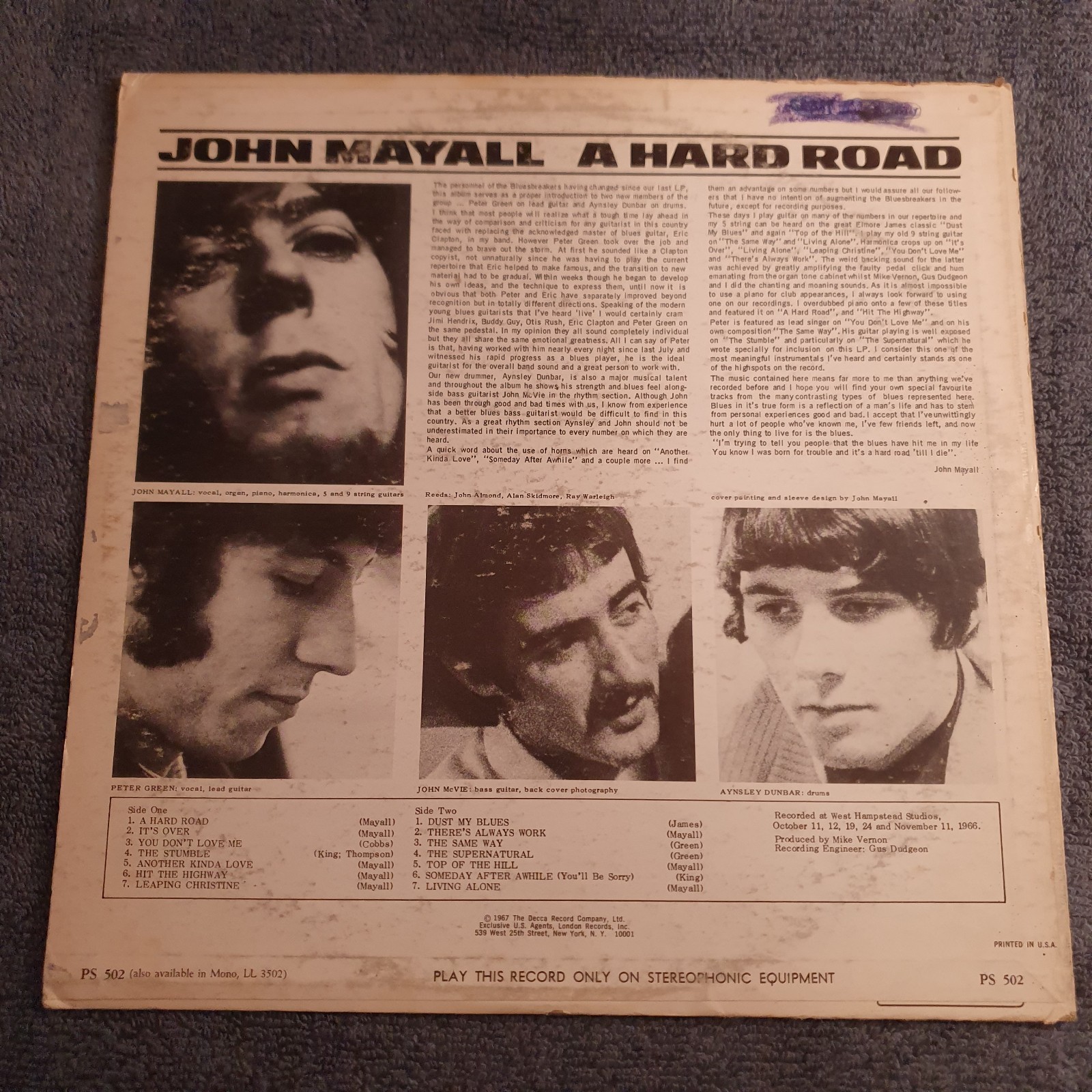 RARE John Mayall – A Hard Road 1967 Vinyl – Record Itself VG/Excellent Condition