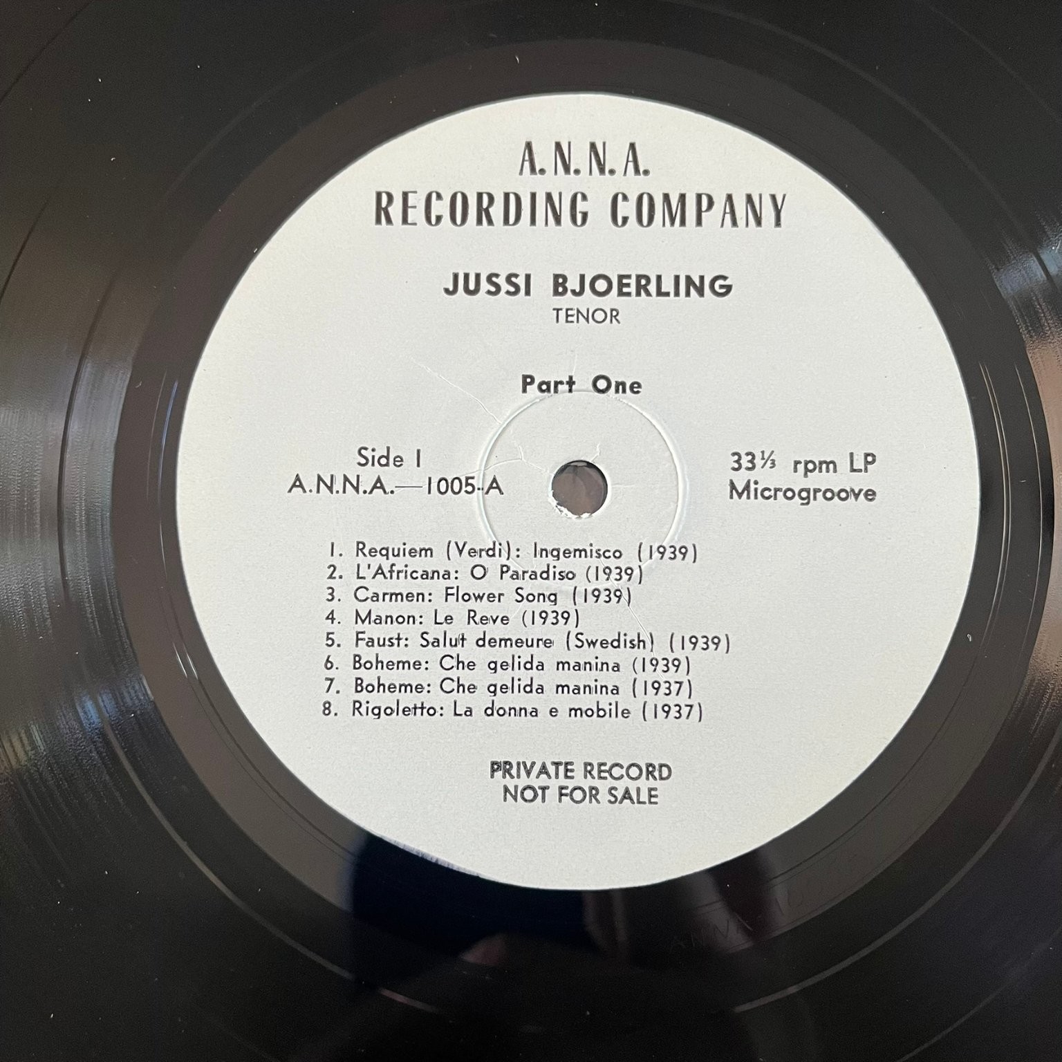 Jussi Bjoerling – Private Record LP A.N.N.A. Recording Opera Tenor 33 RPM