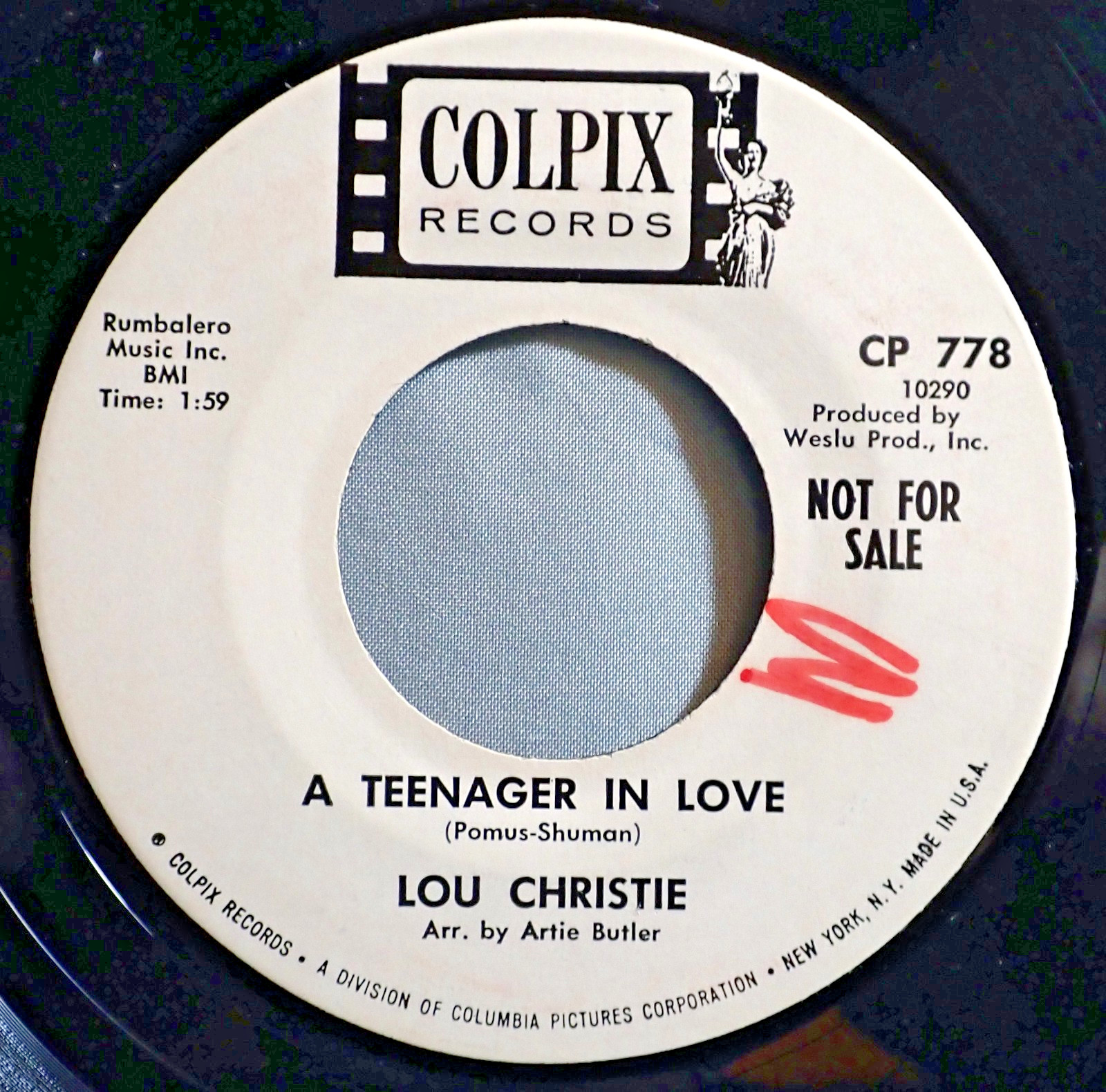 HEAR IT 60’s Teener Promo 45 rpm record Lou Christie “A Teenager in Love” 1965