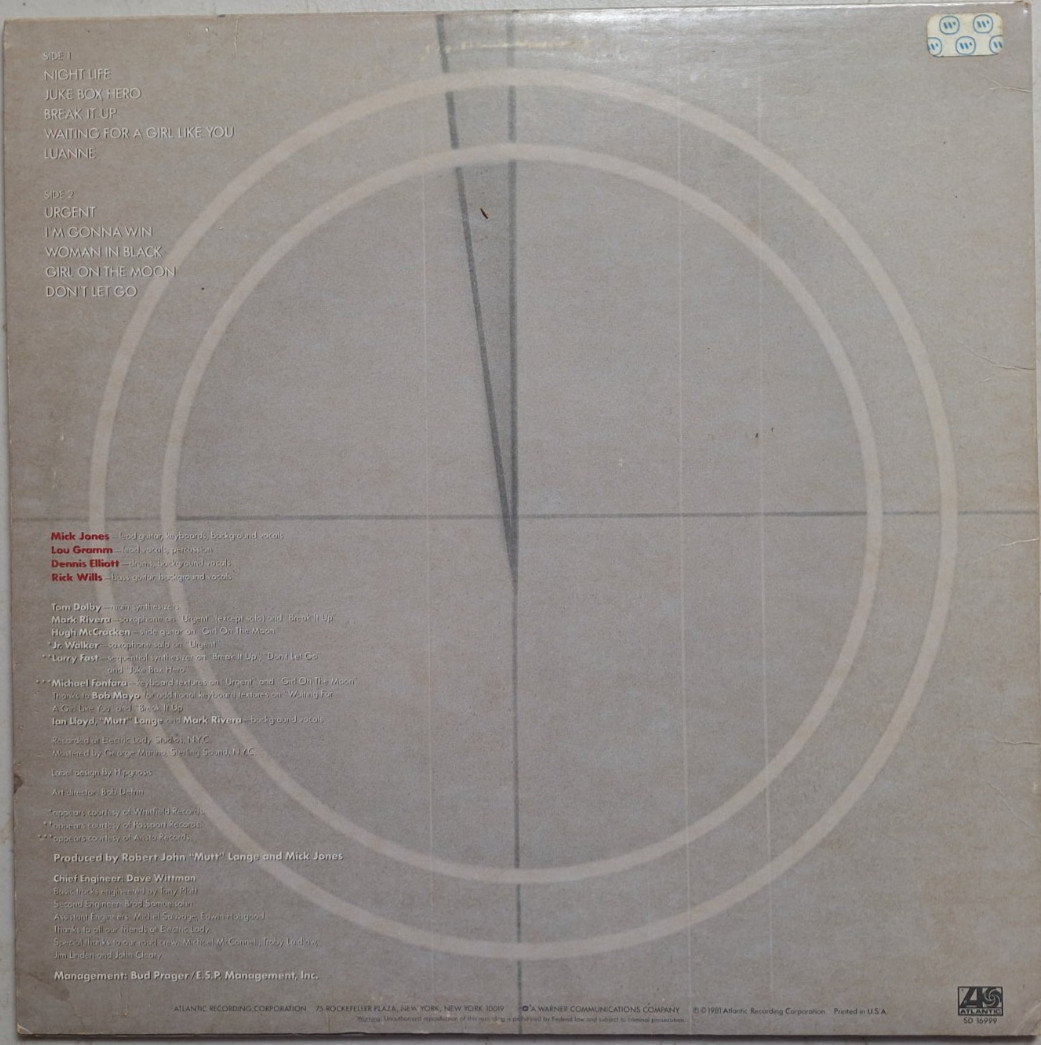 Foreigner ~ 4 (Atlantic 1981 SD 16999) Vinyl w/ Juke Box Hero Urgent