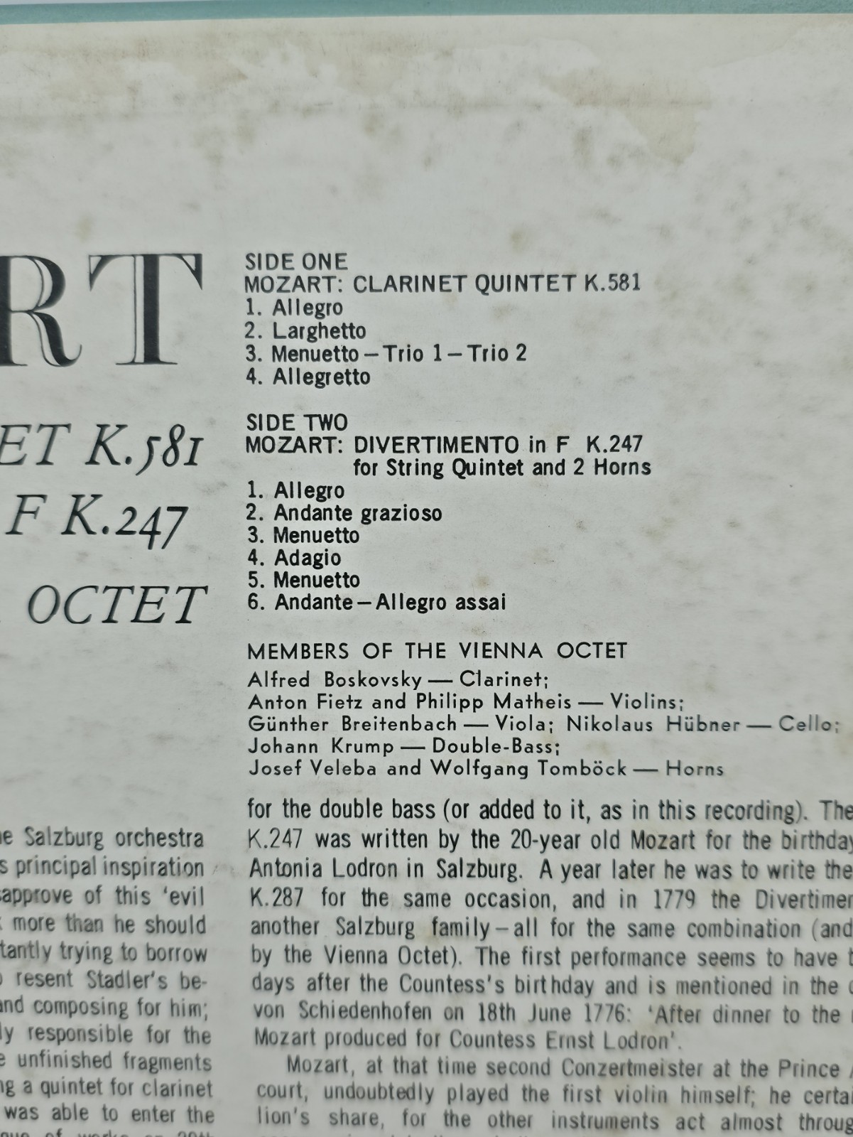 MOZART CLARINET QUINTET DIVERTIMENTO IN F LONDON SC 6379 STEREO VG+ VG+