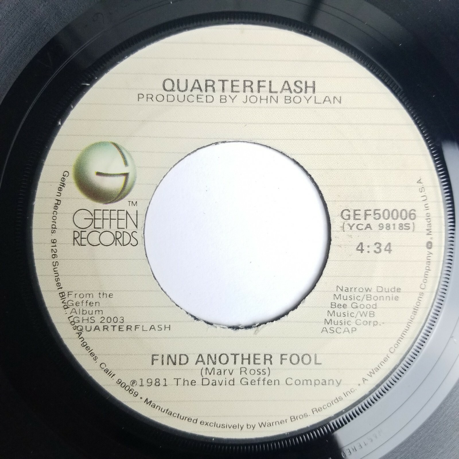 Quarterflash Find Another Fool 7″ 45 RPM Geffen Records GEF 50006