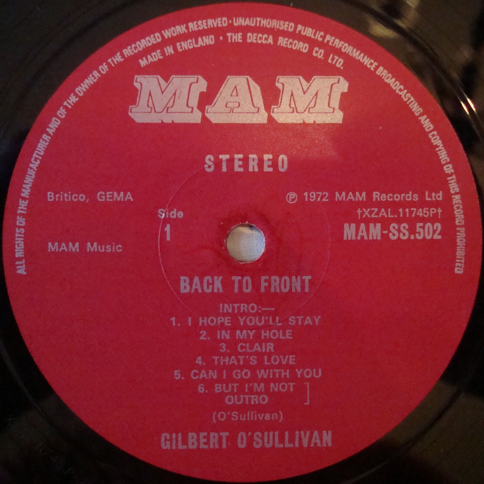 Gilbert O’Sullivan Back To Front 12″ LP MAM 1972 MAM.SS 502 (3681)
