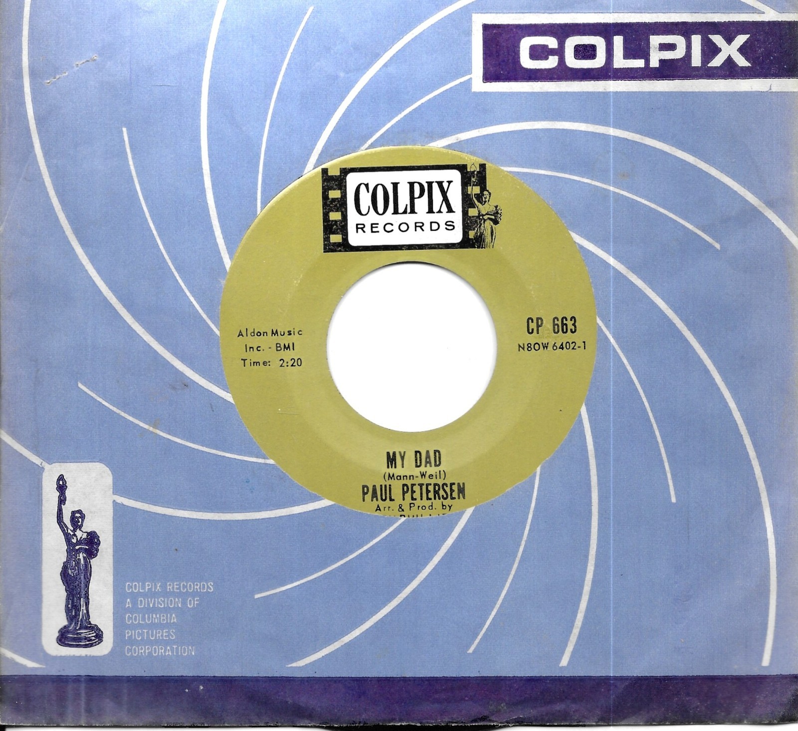 Paul Peterson 45 COLPIX 663 My Dad 1962 EX