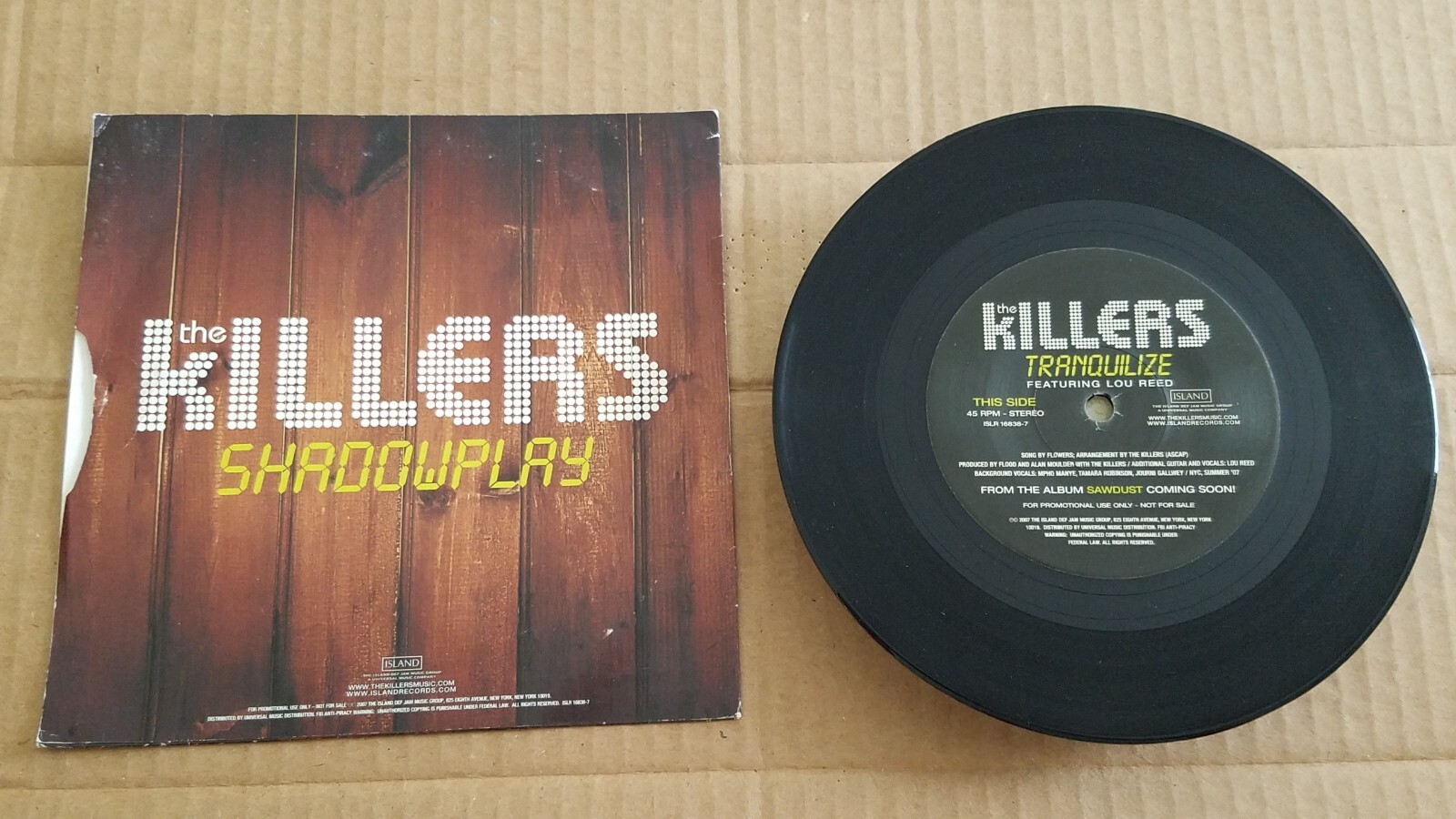 THE KILLERS Feat. Lou Reed “Tranquilize / Shadowplay” 2007 Vinyl 7″ PROMO VG+!