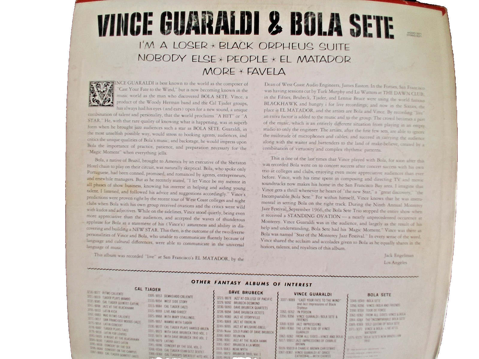 Vince Guaraldi & Bola Sete Live at the El Matador Fantasy 3371 Orig. Mono Jazz