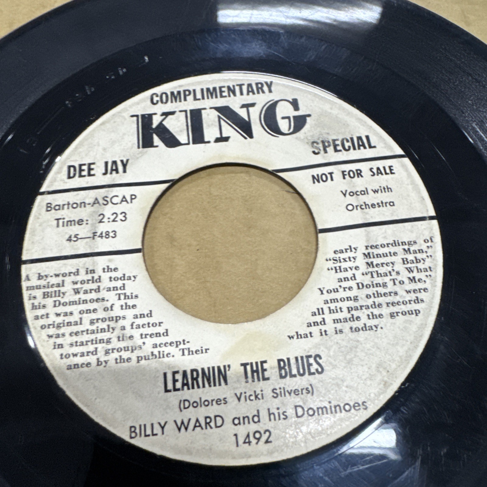 BILLY WARD & HIS DOMINOES 45 PROMO Learnin The Blues – King 1492 VG